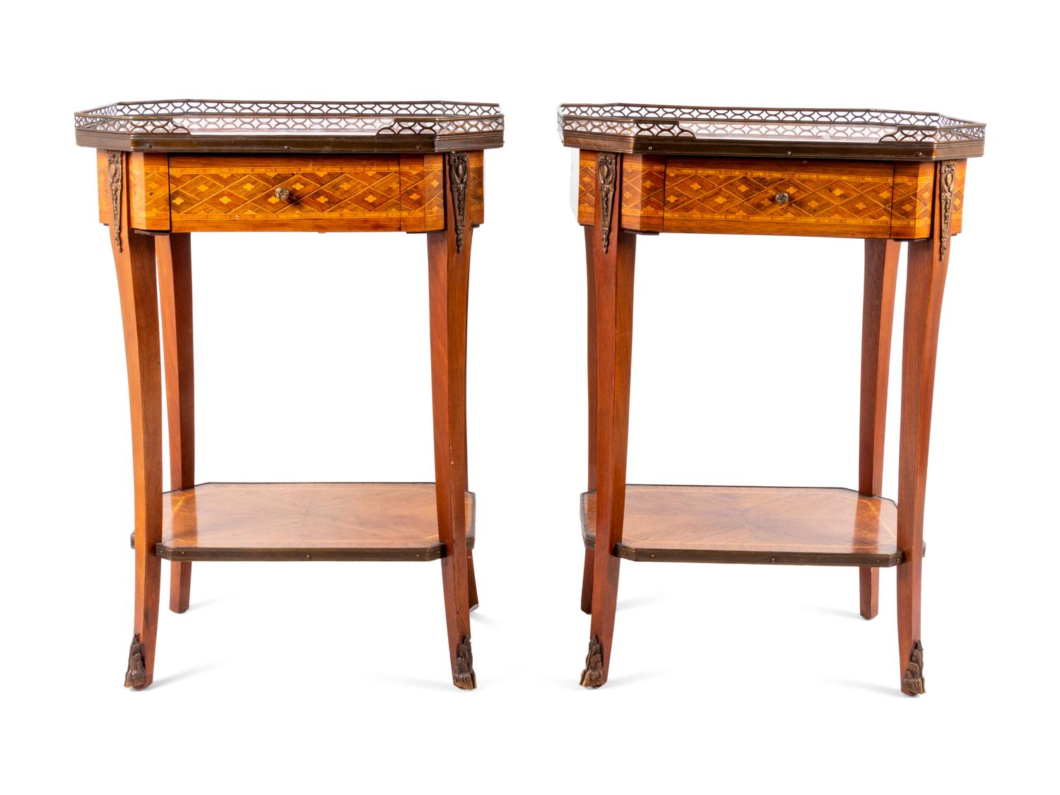 A Pair of Louis XV/XVI Transitional Style Parquetry Marble-Top Side Tables