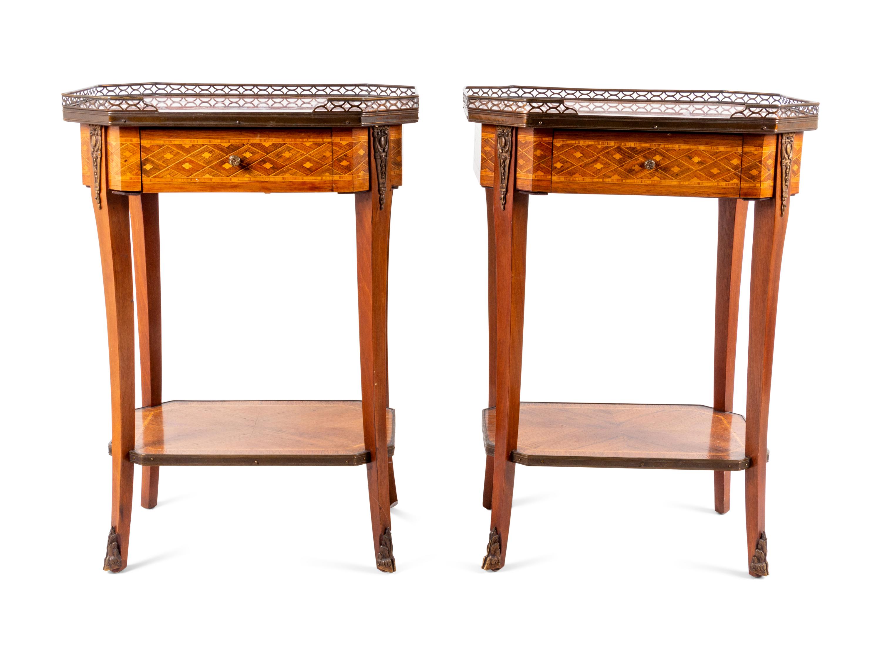 A Pair of Louis XV/XVI Transitional Style Parquetry Marble-Top Side Tables