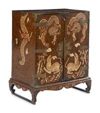 A Fine Korean Mother-of-Pearl, Shagreen, and Wire Inlaid Two-Door Chest, Joseon Period 李氏朝鮮 黑漆鑲螺鈿方角櫃