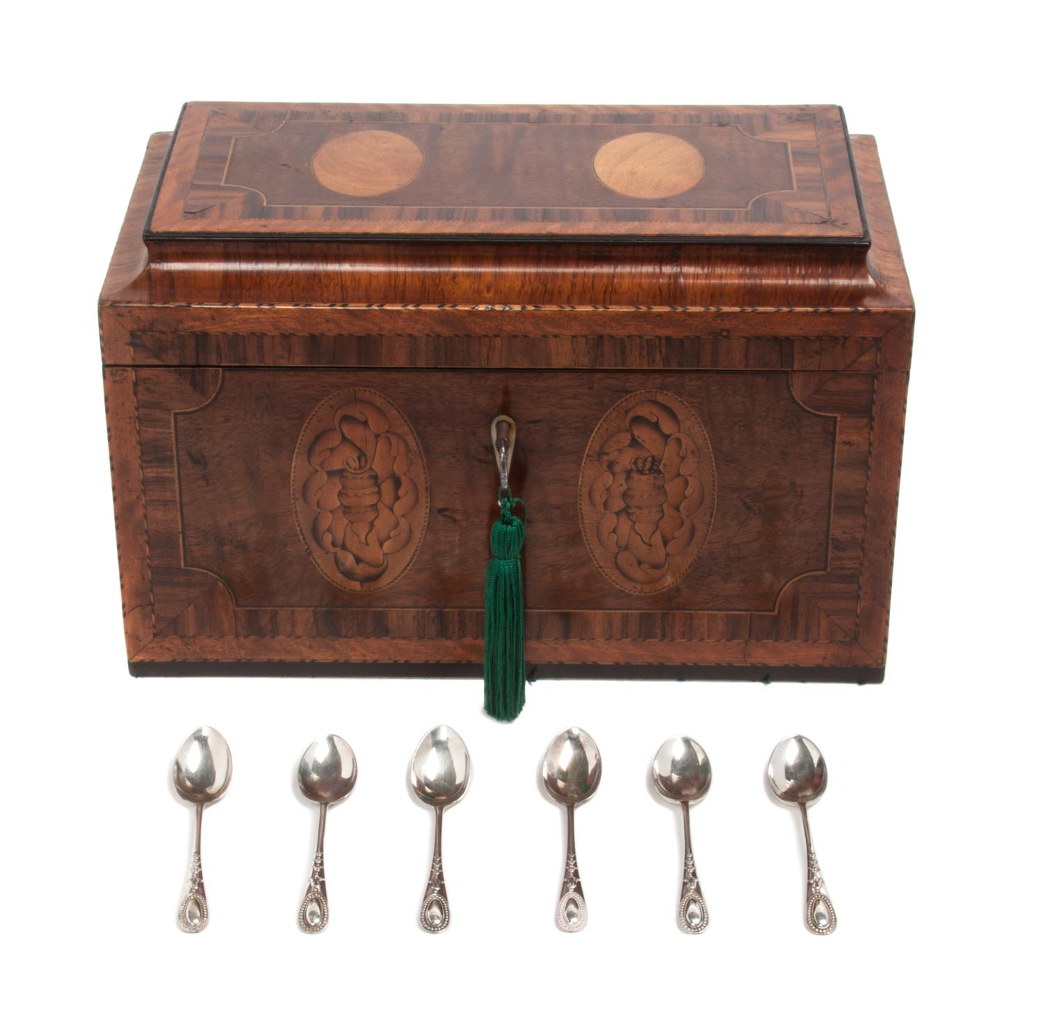 A Sheraton Mahogany Tea Caddy Height 6 1/2 x width 10 x depth 5 1/2 inches.