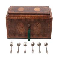 A Sheraton Mahogany Tea Caddy Height 6 1/2 x width 10 x depth 5 1/2 inches.