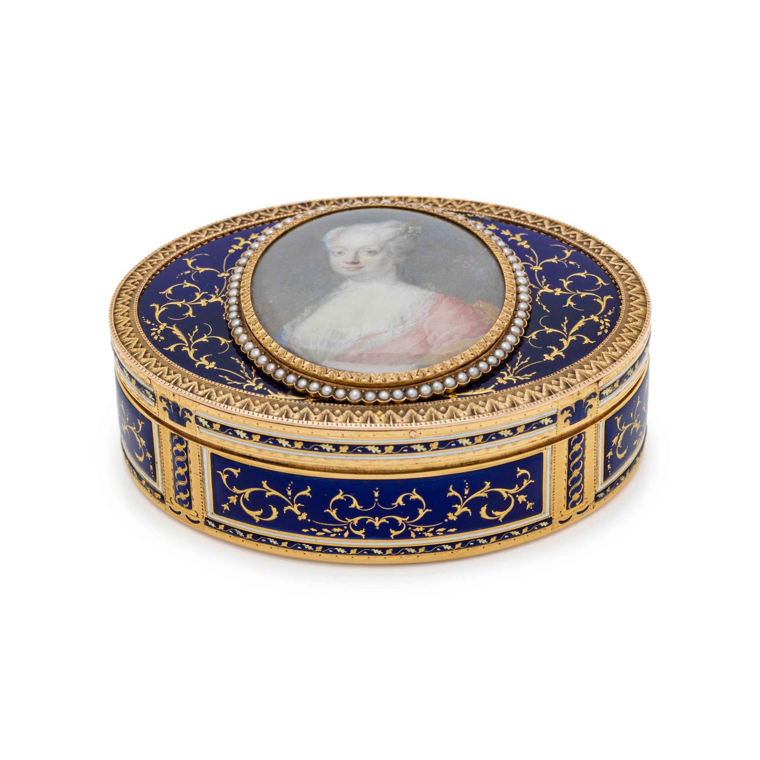A Gold, Enamel, Seed Pearl, and Portrait-Inset Snuff Box