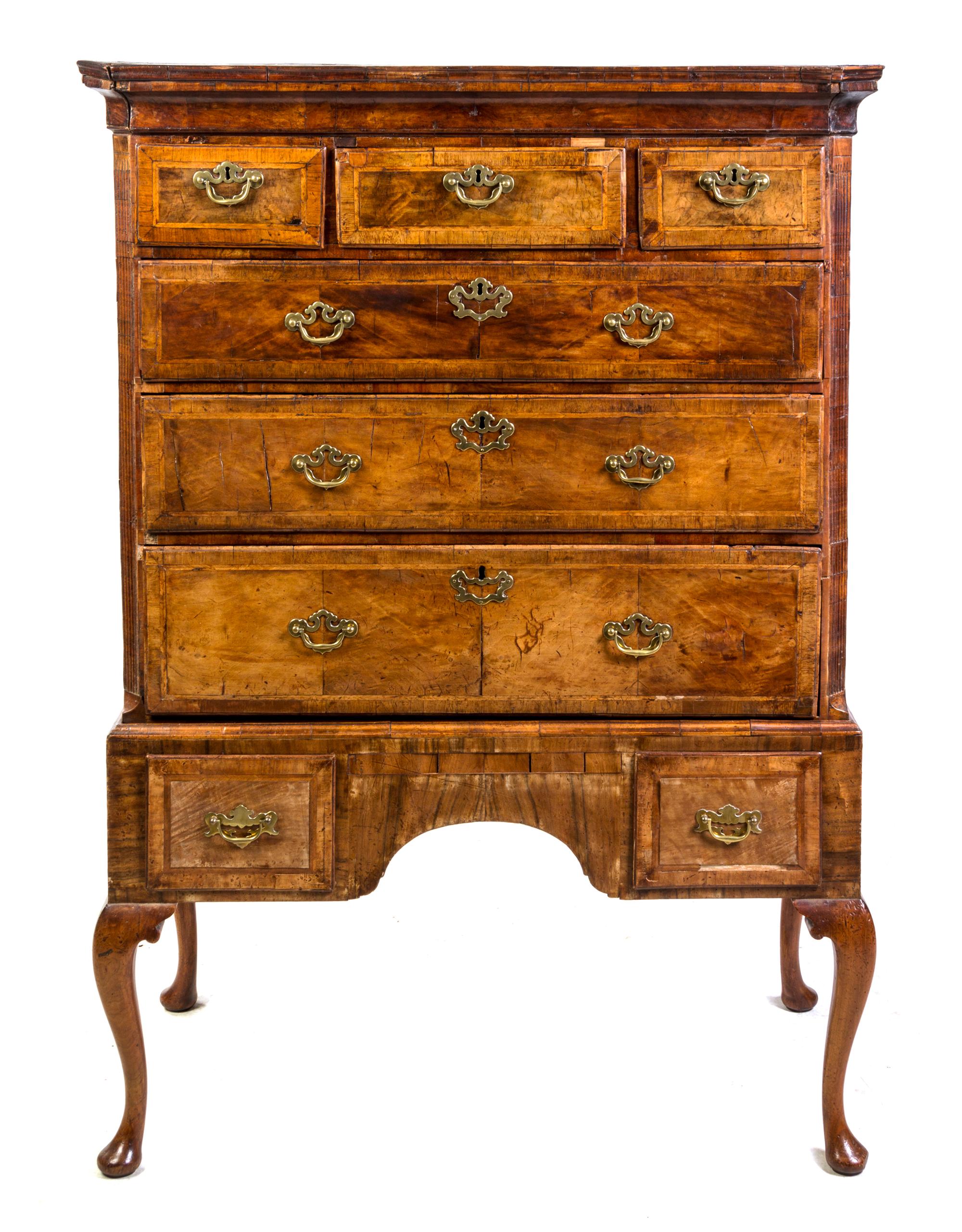 A George II Burlwood Highboy Height 59 1/2 x width 41 1/2 x depth 21 1/2 inches. — 18TH CENTURY AND LATER