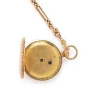18K YELLOW GOLD OPEN FACE POCKET WATCH AND FOB CHAIN