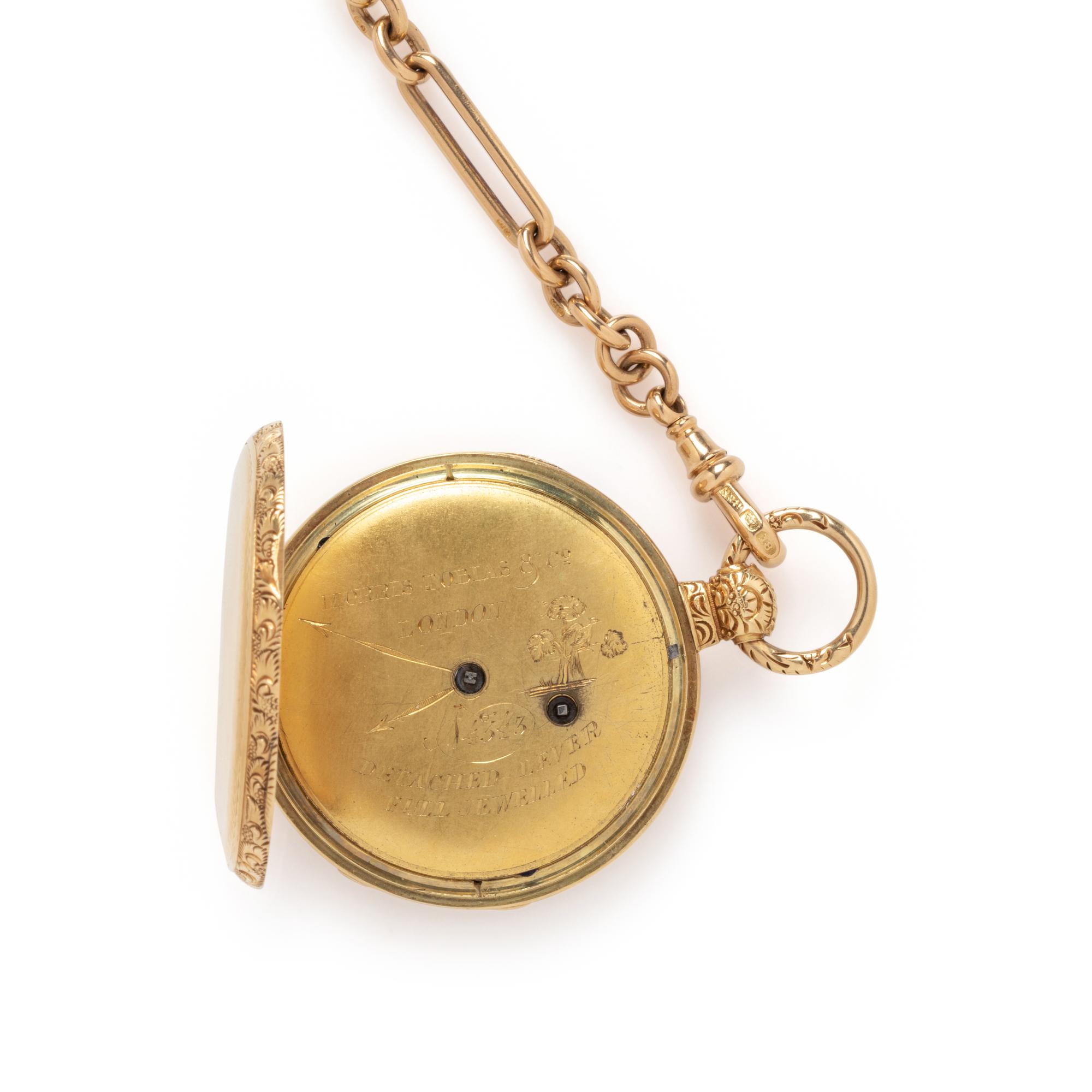 18K YELLOW GOLD OPEN FACE POCKET WATCH AND FOB CHAIN