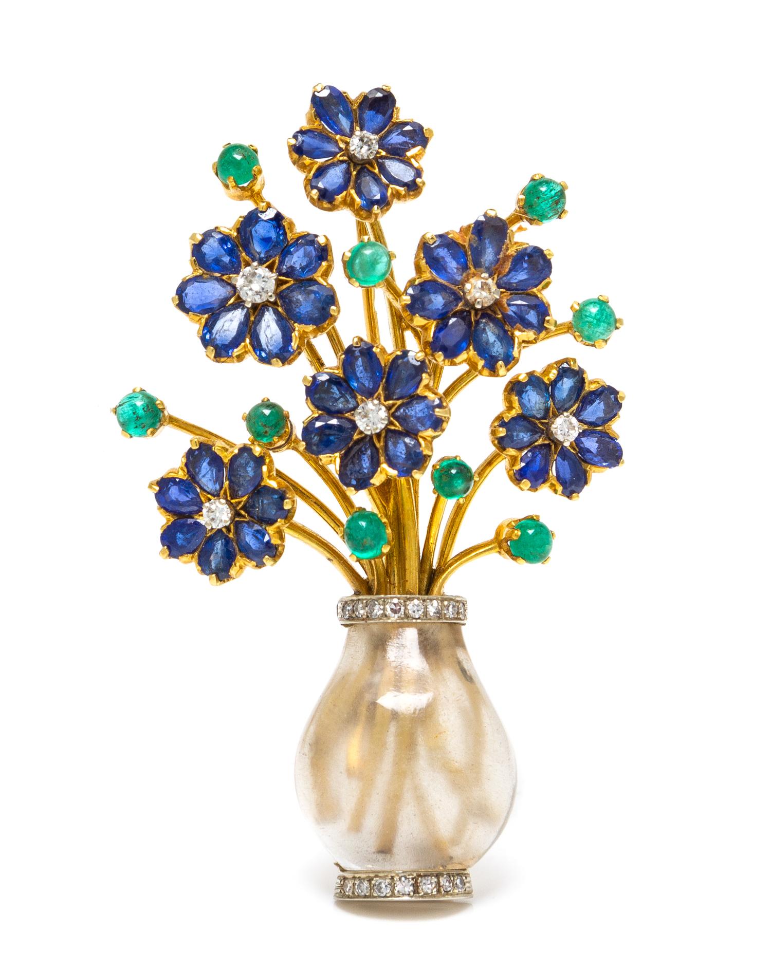 An 18 Karat Bicolor Gold, Diamond, Sapphire, Emerald and Rock Crystal Giardinetto Brooch, Austrian, 22.00 dwts.