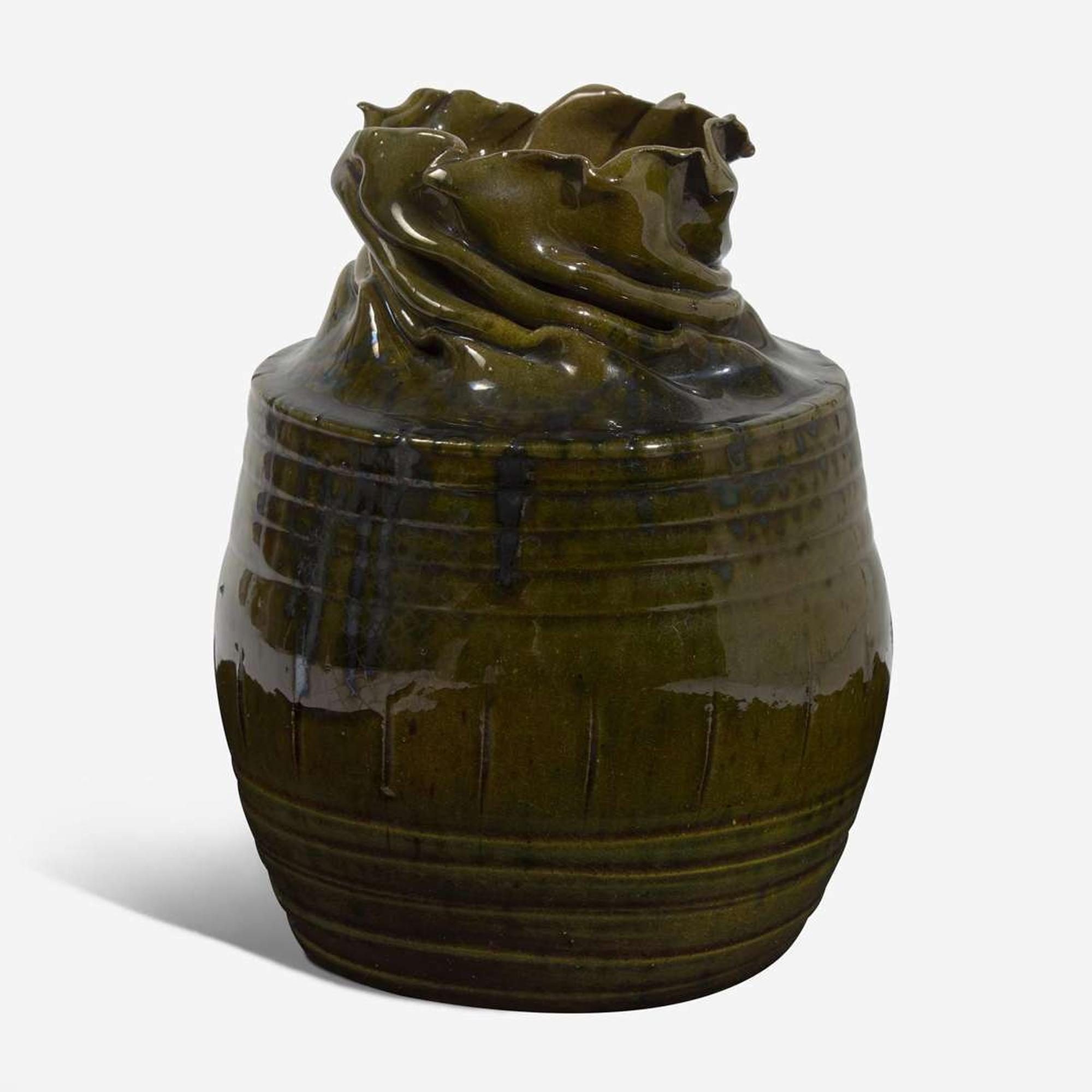 George Ohr (American, 1857-1918) Vase with Twisted Neck and Pinched Rim in Olive Green Glaze, USA, circa 1897-1900