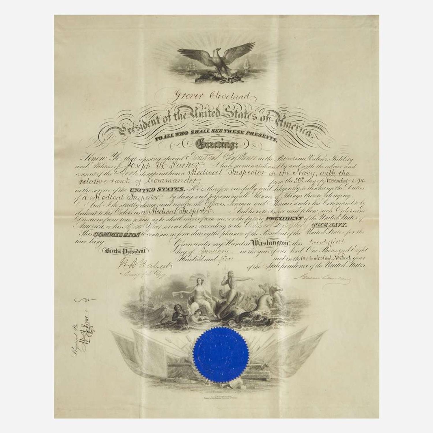 [Presidential] Cleveland, Grover, and William McKinley, and William H. Taft Group of 3 Signed Military Commissions
