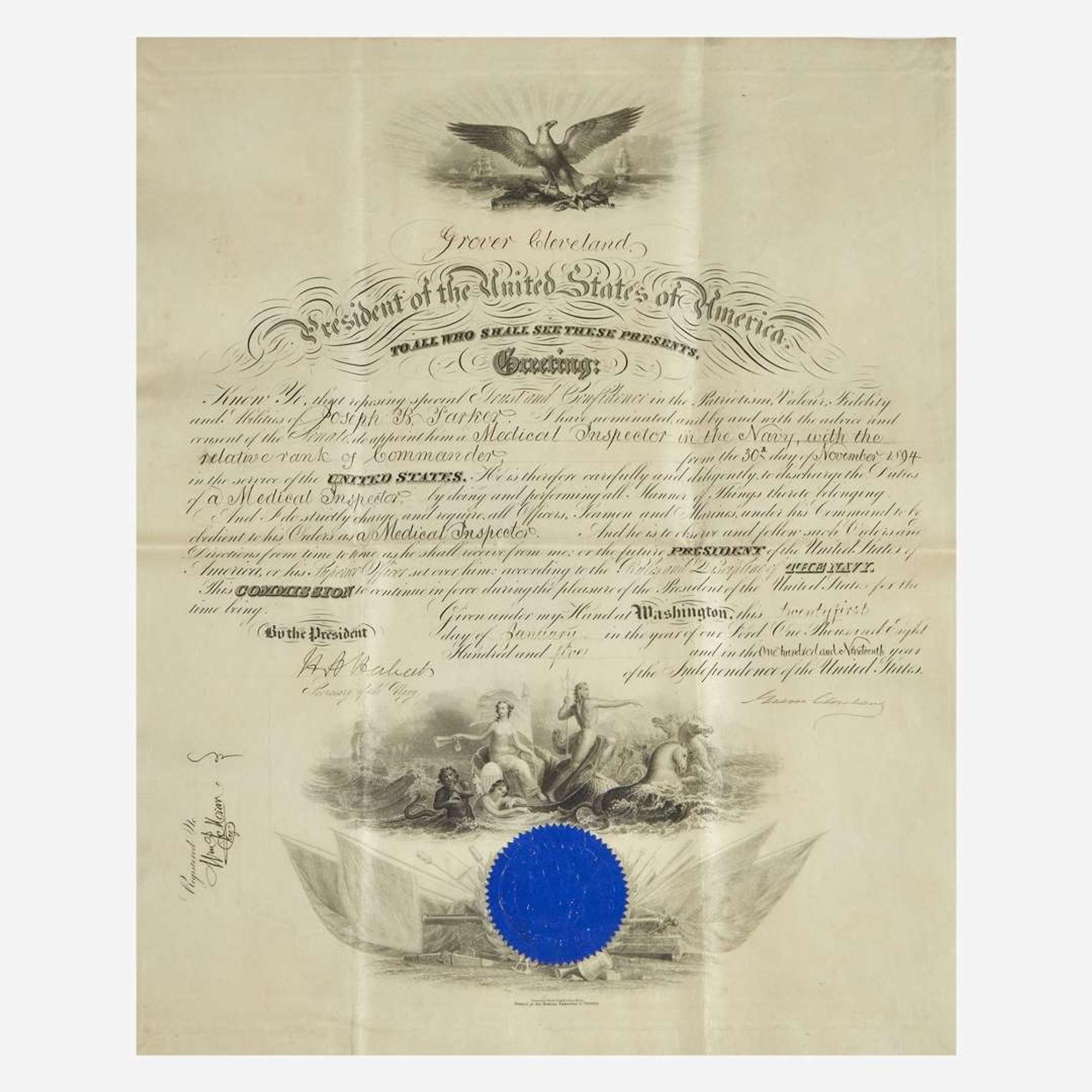 [Presidential] Cleveland, Grover, and William McKinley, and William H. Taft Group of 3 Signed Military Commissions
