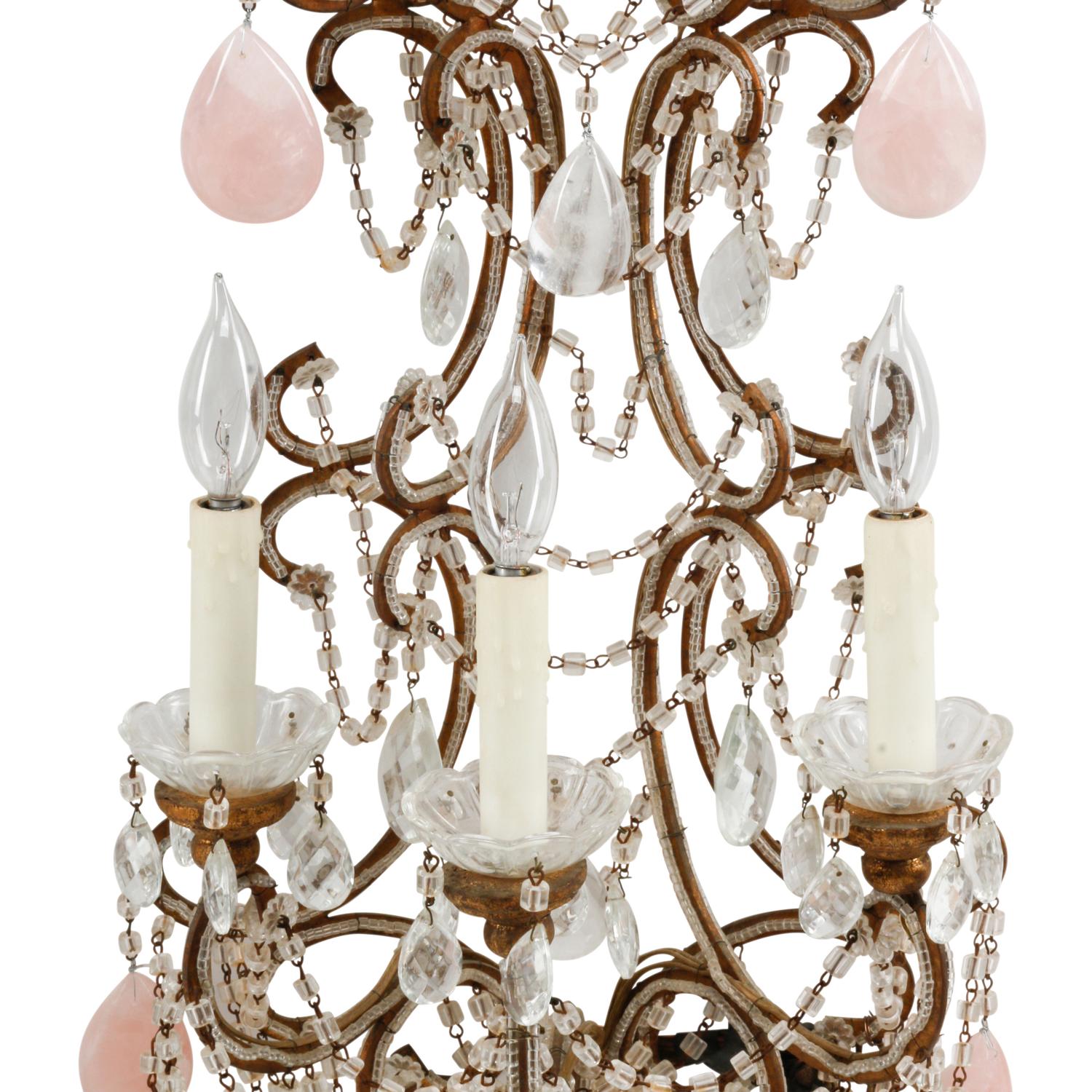 A Pair of Large Rock Crystal, Rose Quartz and Beaded Giltwood Six-Light Sconces