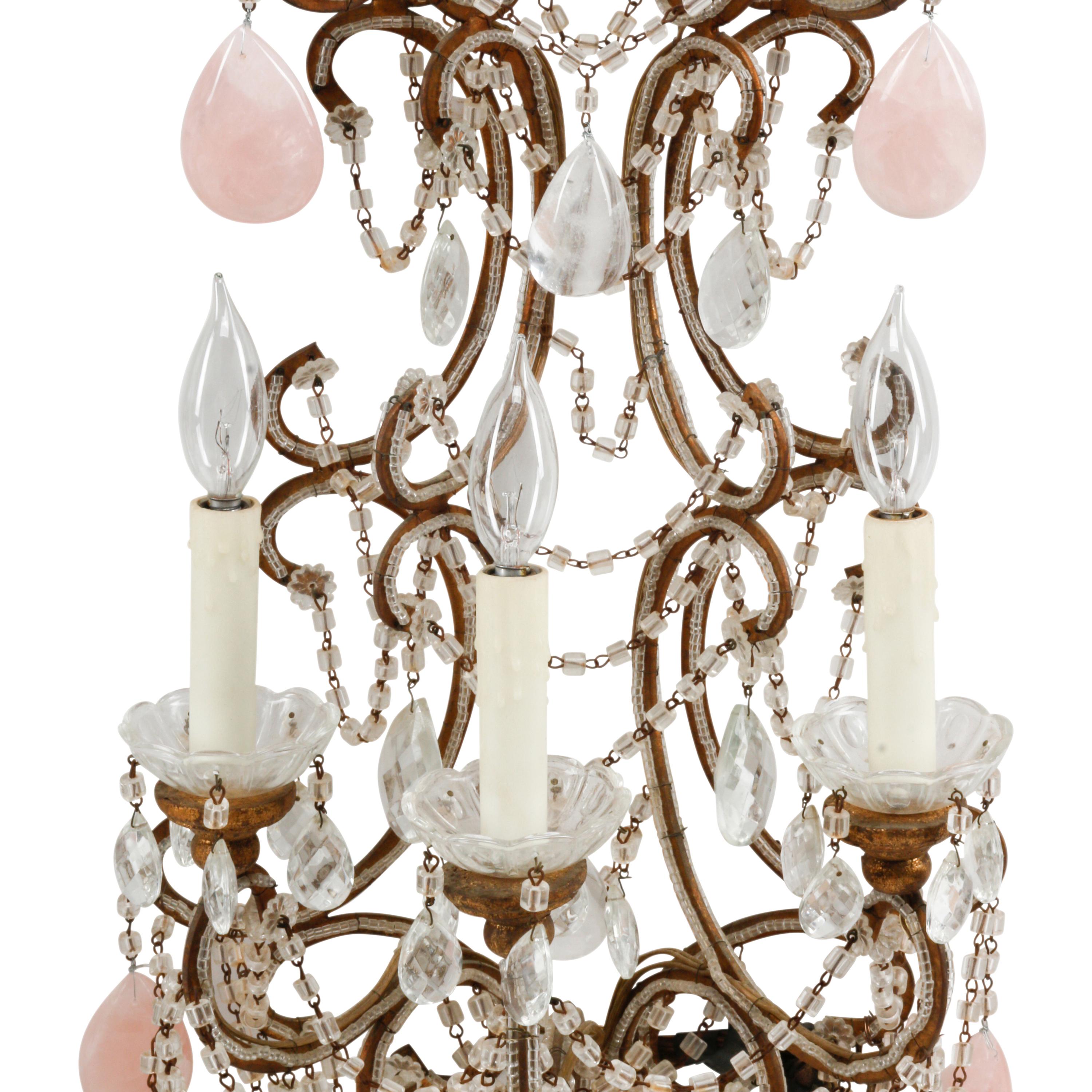 A Pair of Large Rock Crystal, Rose Quartz and Beaded Giltwood Six-Light Sconces