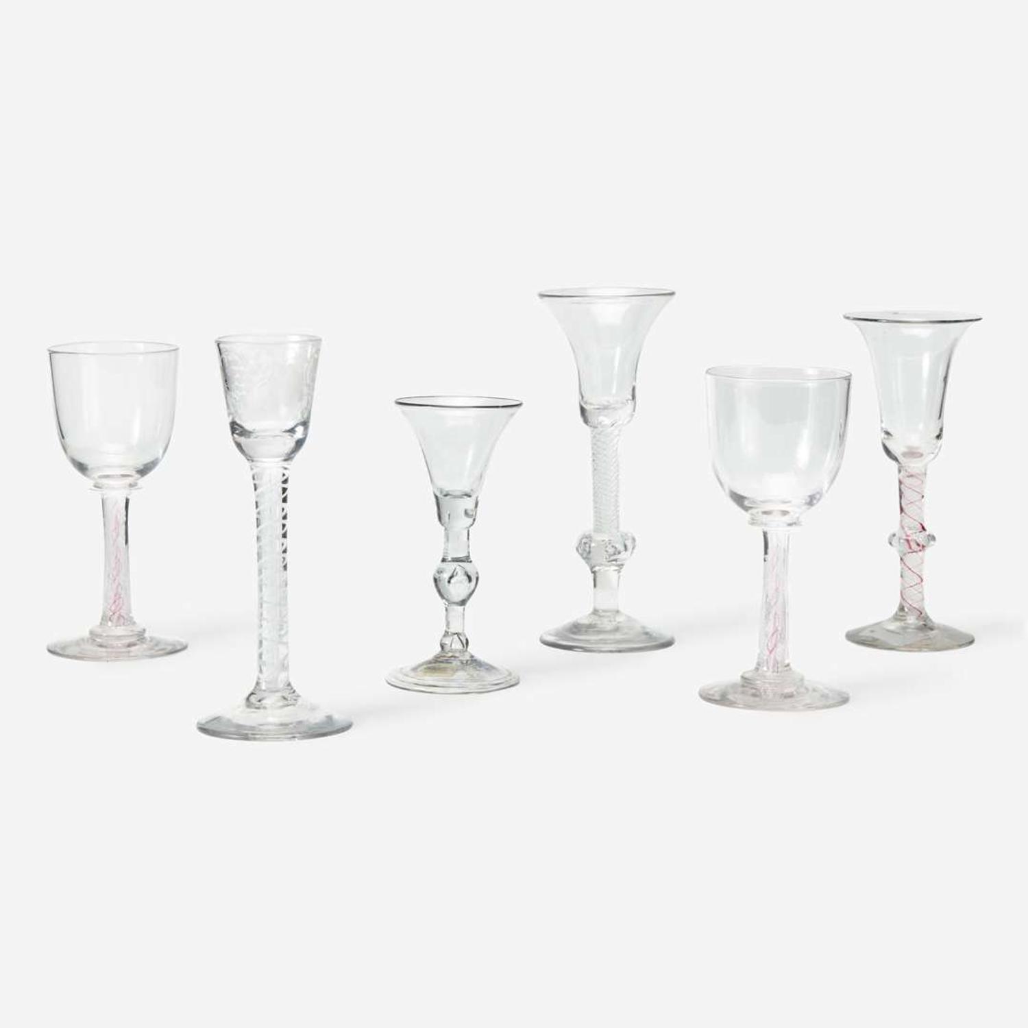 A group of six English twist stem wine and cordial glasses circa 1730-1815
