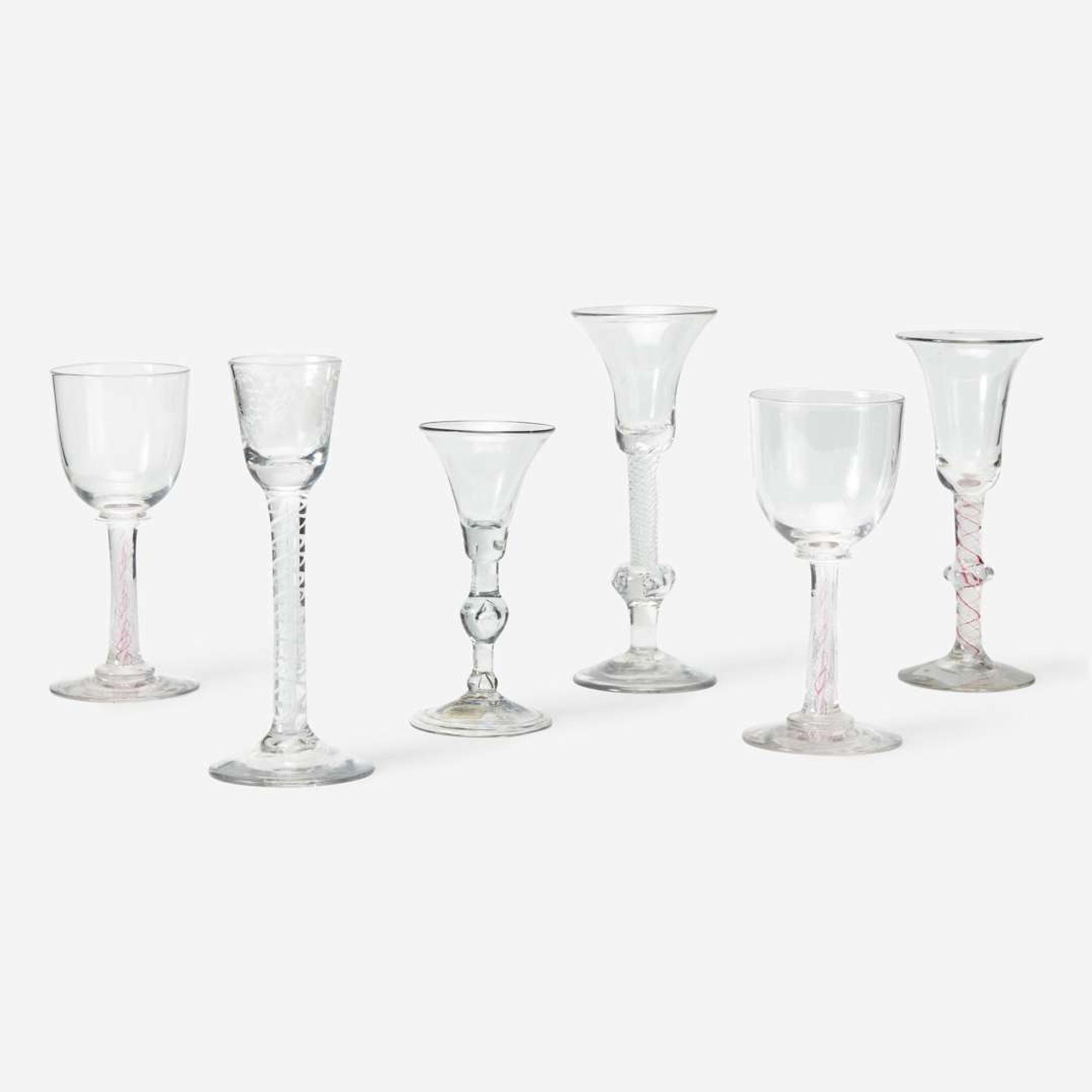 A group of six English twist stem wine and cordial glasses circa 1730-1815