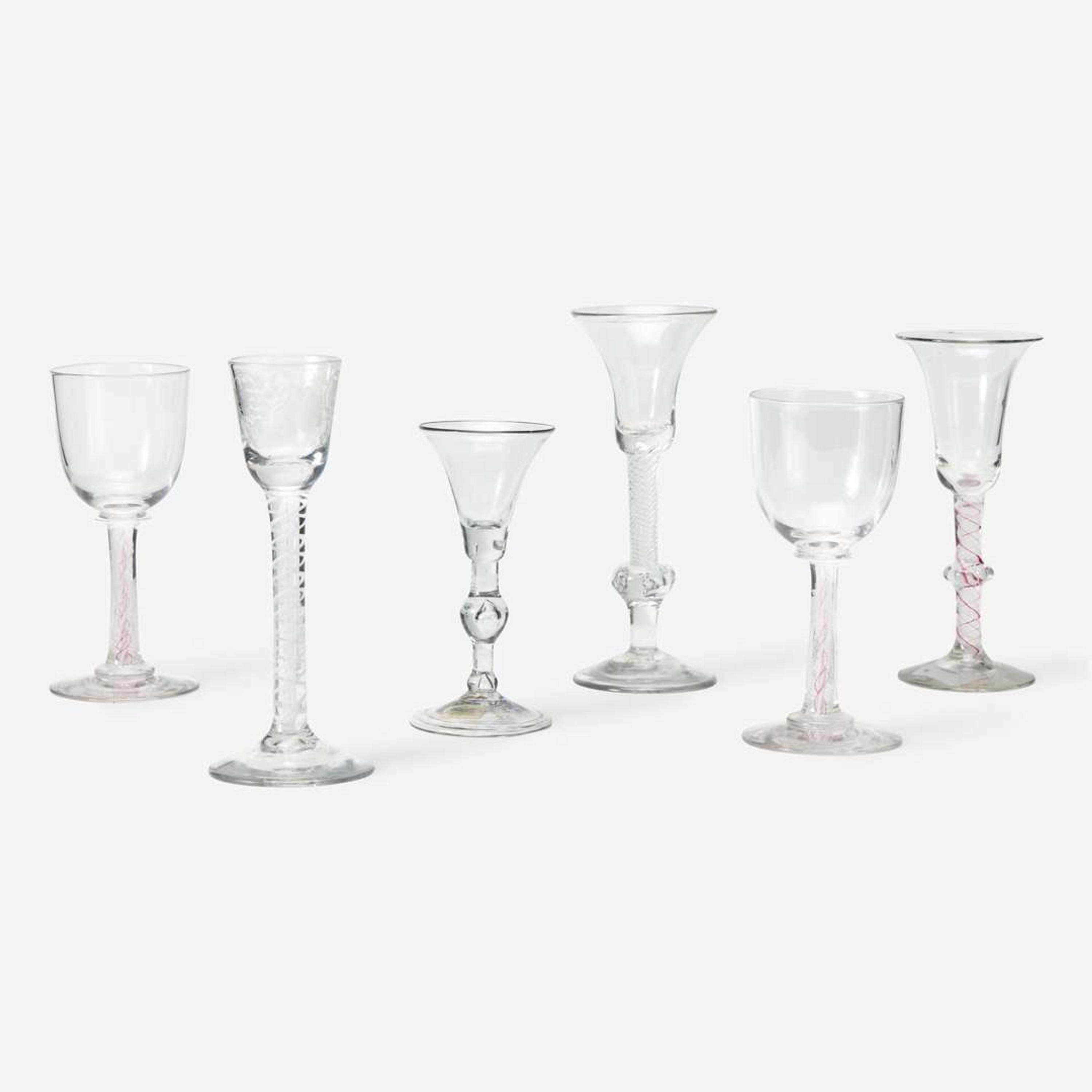 A group of six English twist stem wine and cordial glasses circa 1730-1815