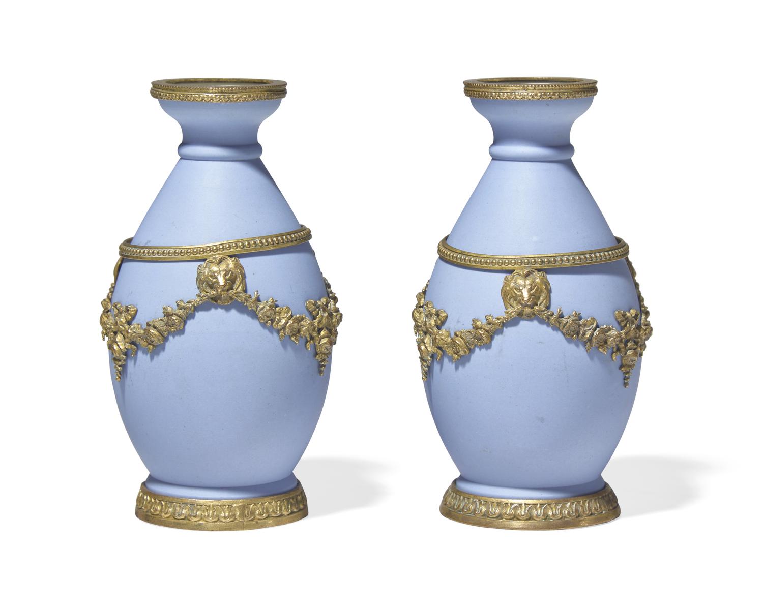 A Pair of Wedgwood Gilt Bronze Mounted Pale Blue Jasperware Vases