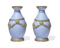 A Pair of Wedgwood Gilt Bronze Mounted Pale Blue Jasperware Vases