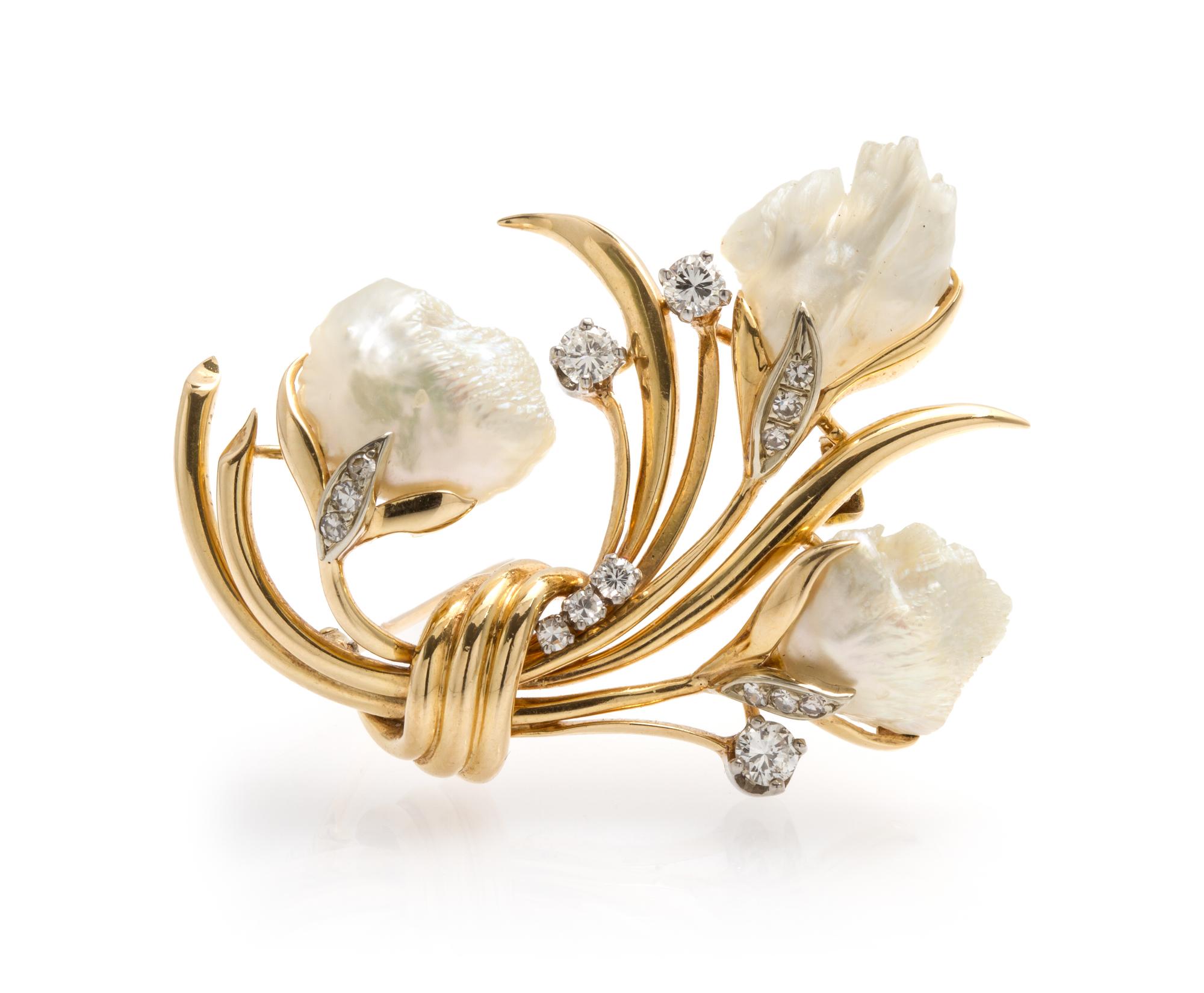 A 14 Karat Yellow Gold, Freshwater Pearl and Diamond Brooch, Circa 1950, 9.80 dwts.