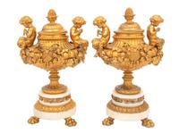 A Pair of Louis XVI Style Gilt Bronze and Marble Covered Urns