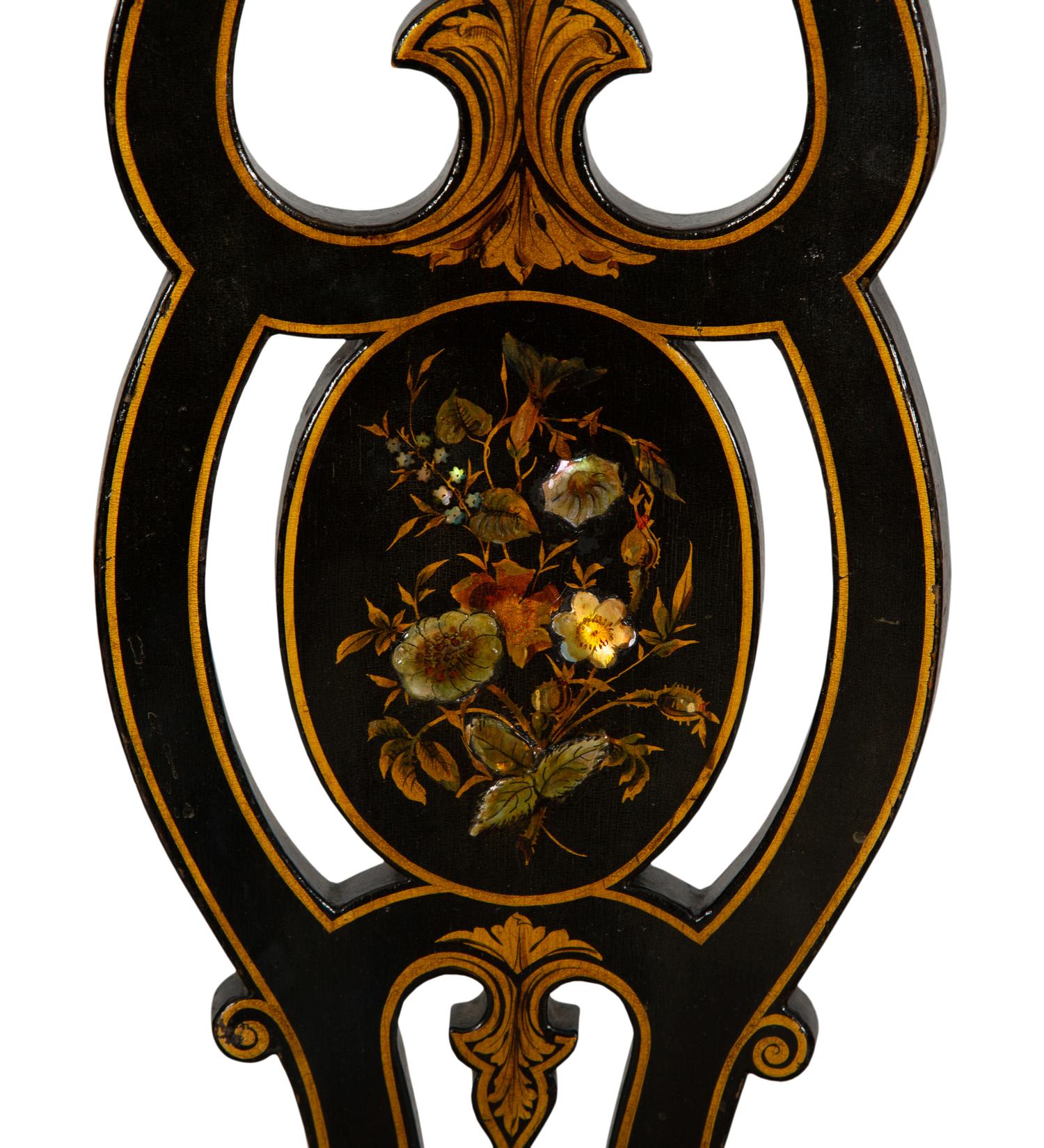 A Set of Three Victorian Ebonized Gilt and Mother of Pearl Chinoiserie Open Armchairs