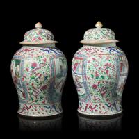 A Pair of Large Chinese Famille Rose Porcelain General Jars and Covers, Qing Dynasty — 清 粉彩開光人物故事圖將軍罐一對