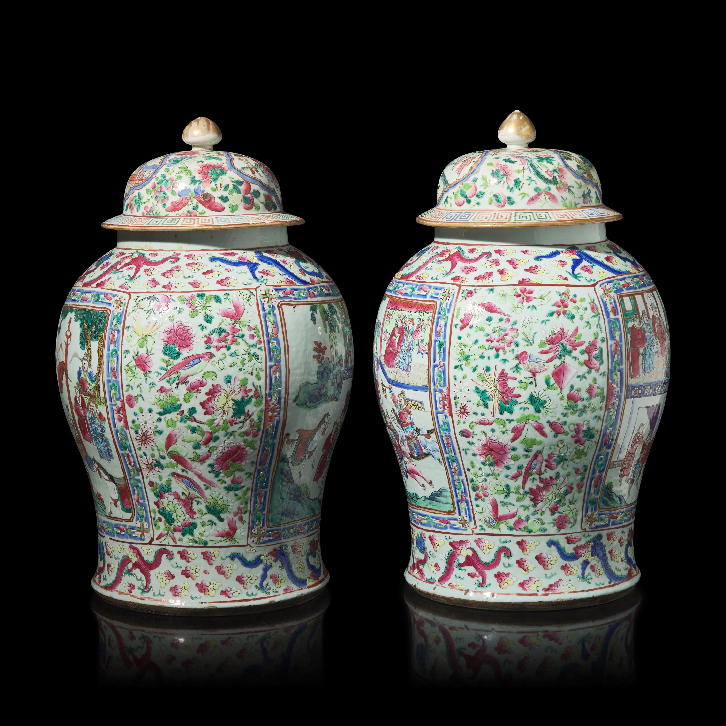 A Pair of Large Chinese Famille Rose Porcelain General Jars and Covers, Qing Dynasty — 清 粉彩開光人物故事圖將軍罐一對