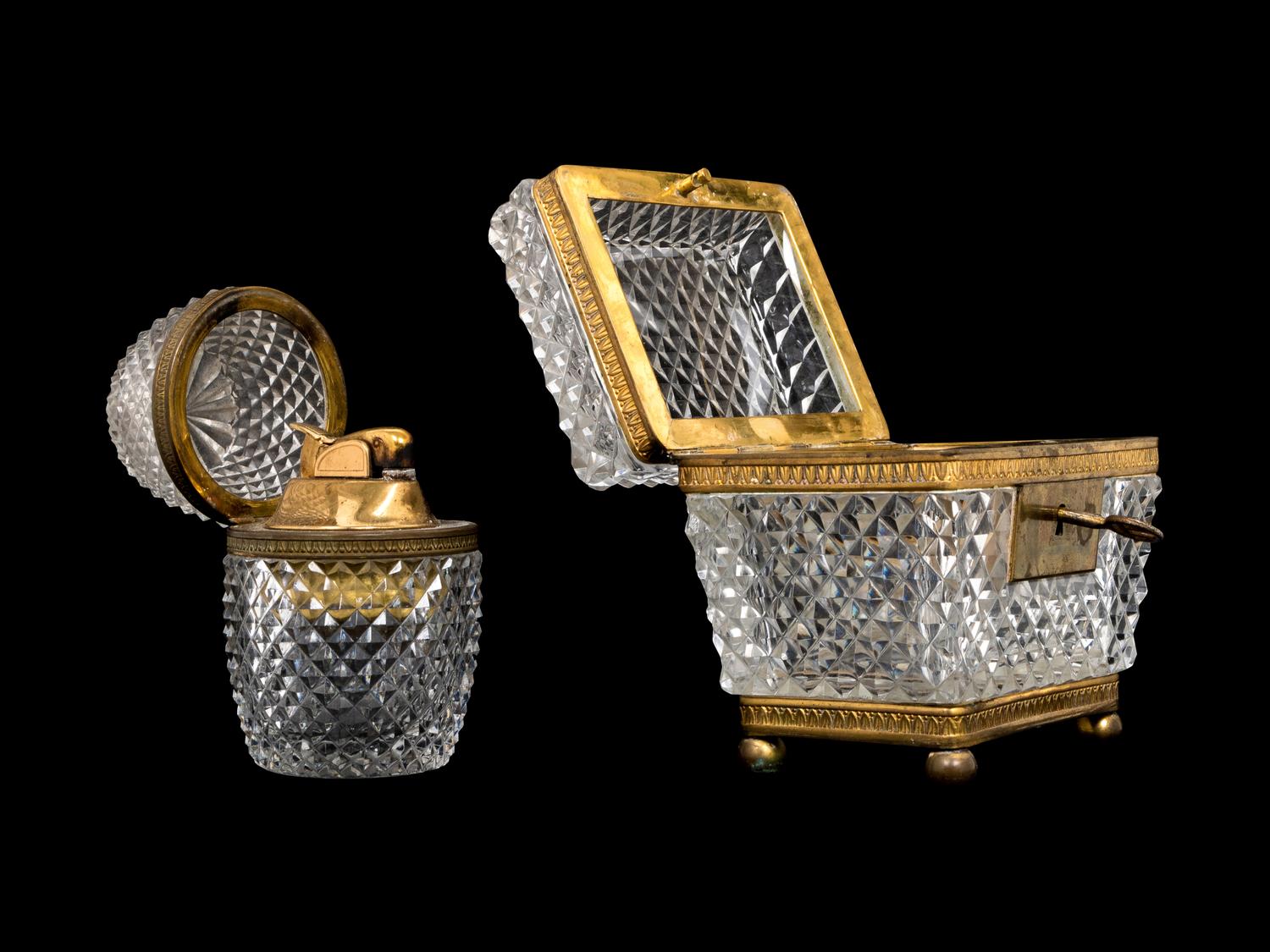 A French Gilt Metal and Cut Glass Box and a Similar Table Lighter