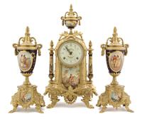 A Continental Sevres Style Porcelain and Gilt Metal Mounted Clock Garniture, Height of first 16 1/4 inches.