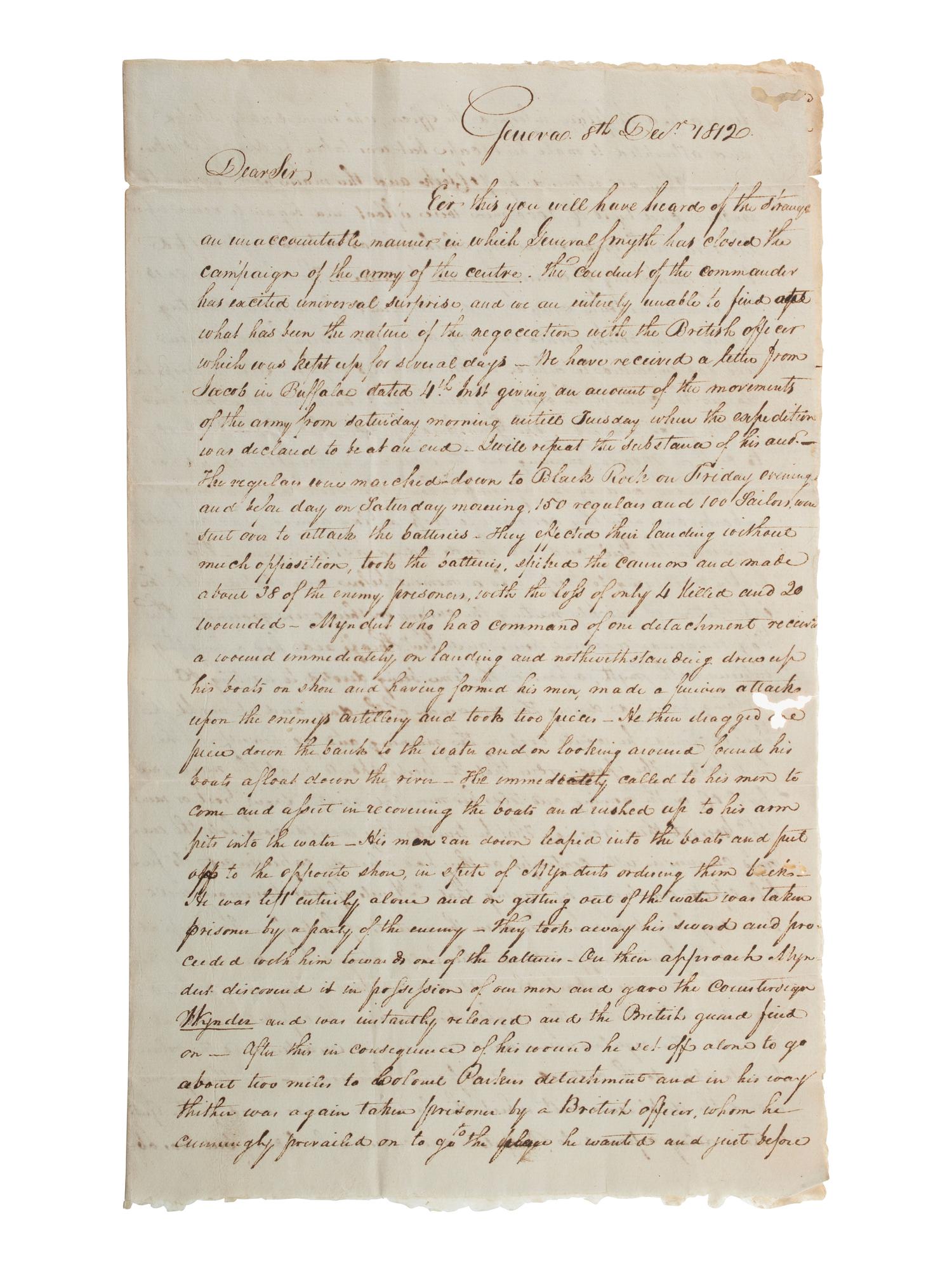 [WAR OF 1812]. MORTON, G. H. Autograph letter signed ("G. H. Morton"), to Peter P. Dox. Geneva, NY, 8 December 1812.