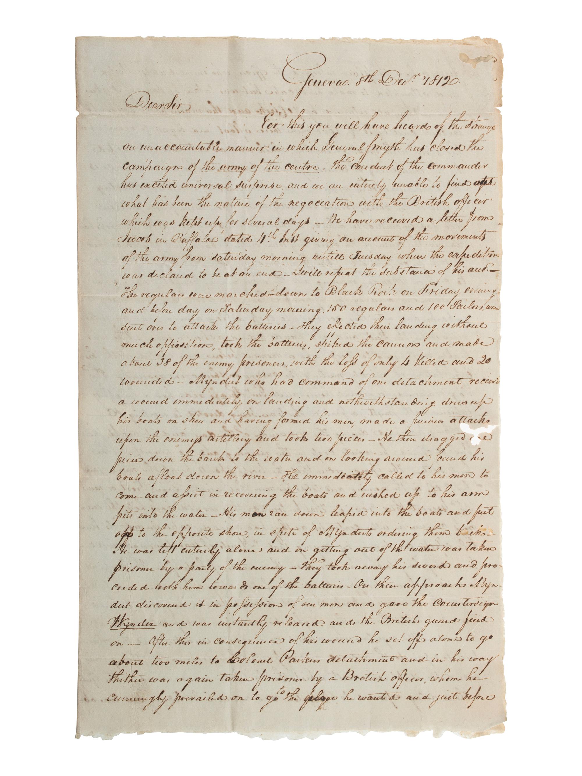 [WAR OF 1812]. MORTON, G. H. Autograph letter signed ("G. H. Morton"), to Peter P. Dox. Geneva, NY, 8 December 1812.