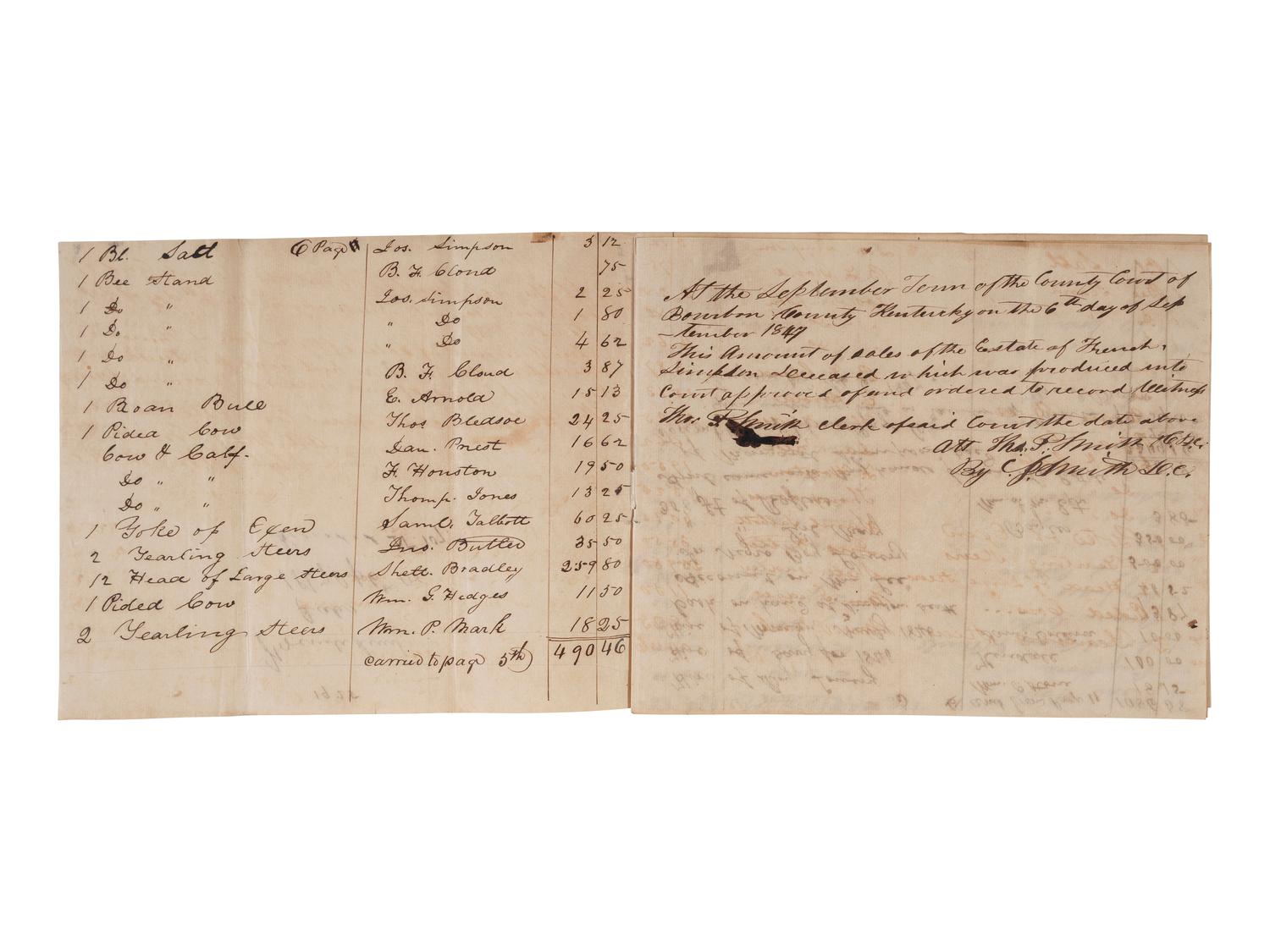 [ENSLAVEMENT & ABOLITION]. A group of 6 estate documents listing individual enslaved persons, most by name. [Bourbon County, KY]. 1831-1861.