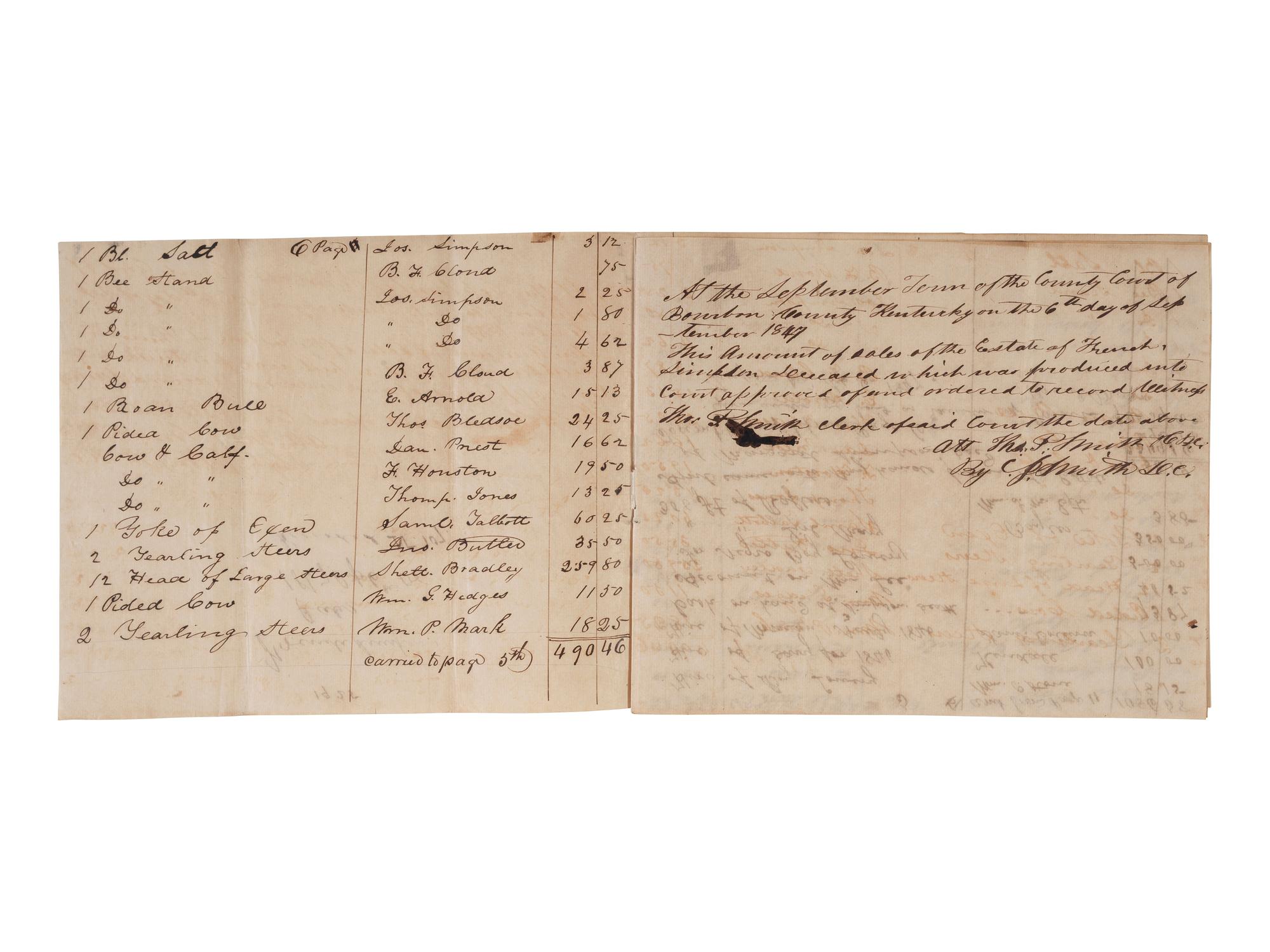 [ENSLAVEMENT & ABOLITION]. A group of 6 estate documents listing individual enslaved persons, most by name. [Bourbon County, KY]. 1831-1861.