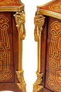 A Pair of Louis XV Style Gilt Bronze Mounted Marquetry Small Commodes
