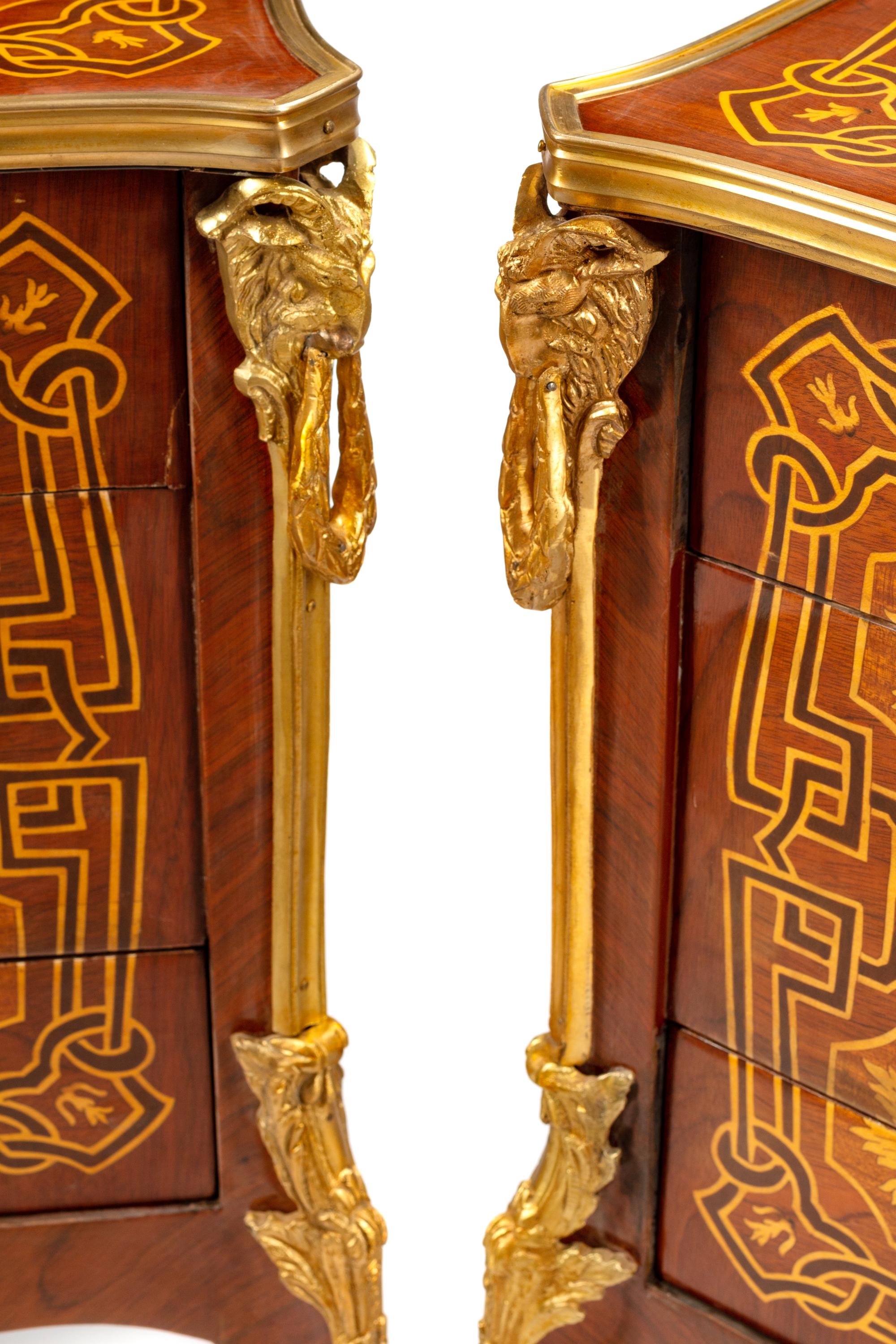 A Pair of Louis XV Style Gilt Bronze Mounted Marquetry Small Commodes