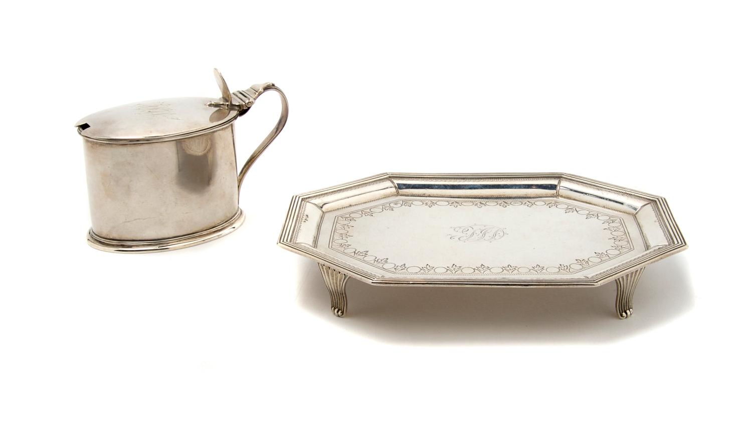 An English Sterling Silver Mustard Pot and Teapot Stand, Height of mustard pot 2 3/4 inches.