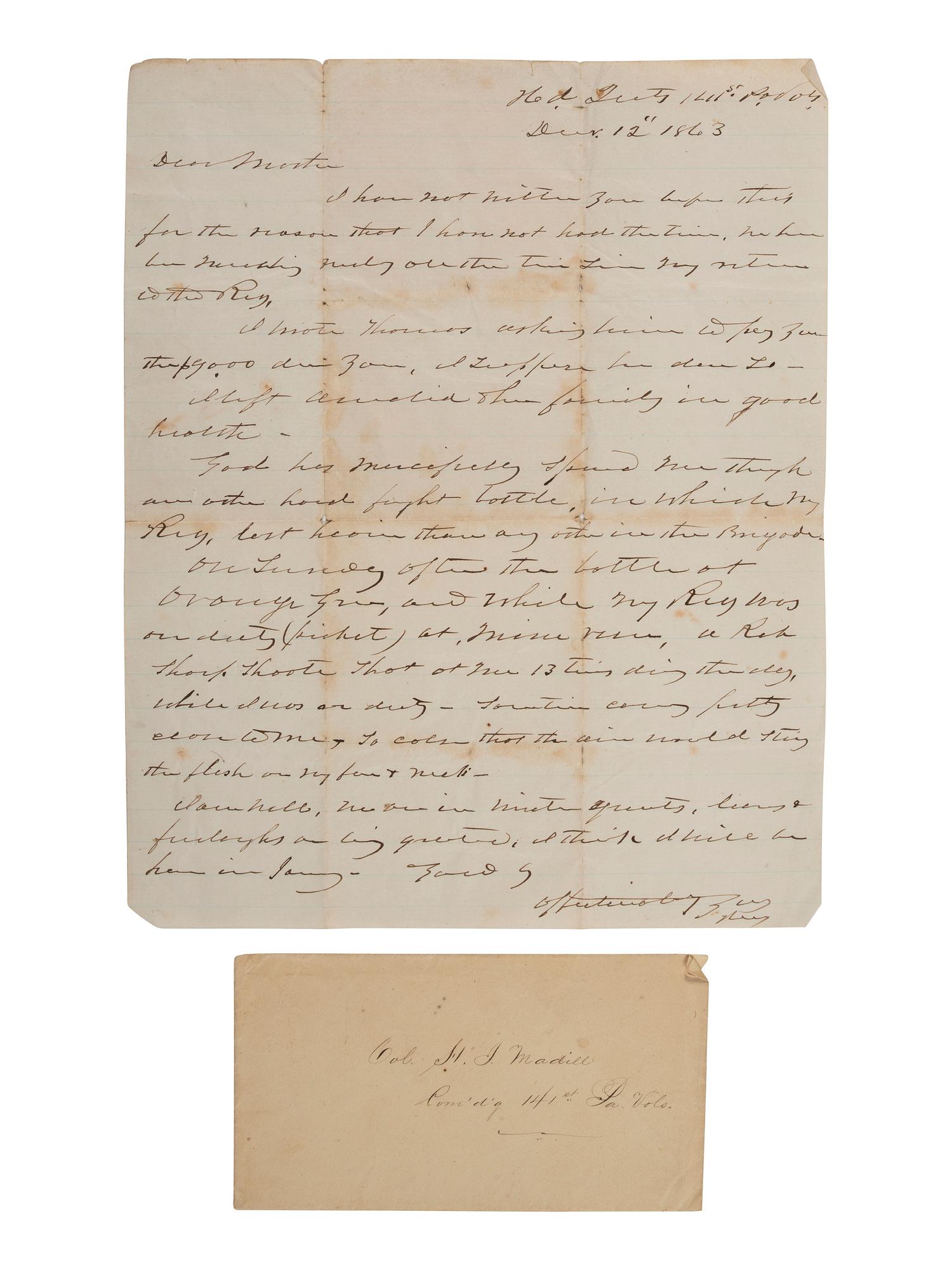 [CIVIL WAR]. Letter from 141st PA colonel who was "shot at...13 times" during Mine Run Campaign.