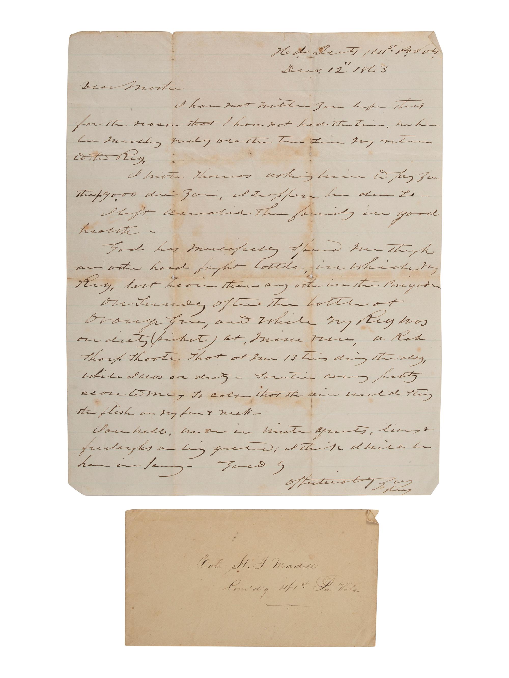 [CIVIL WAR]. Letter from 141st PA colonel who was "shot at...13 times" during Mine Run Campaign.