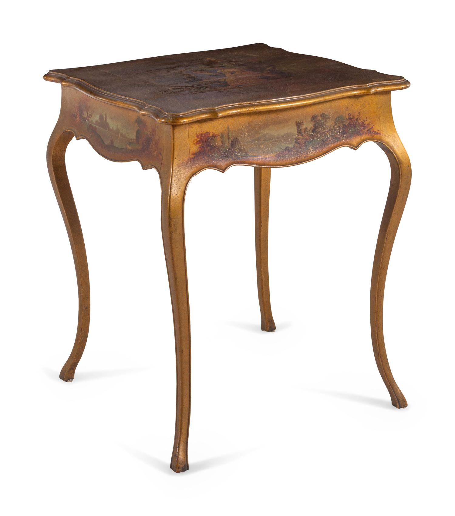 A Louis XV/XVI Style Gilt and Polychrome Painted Table