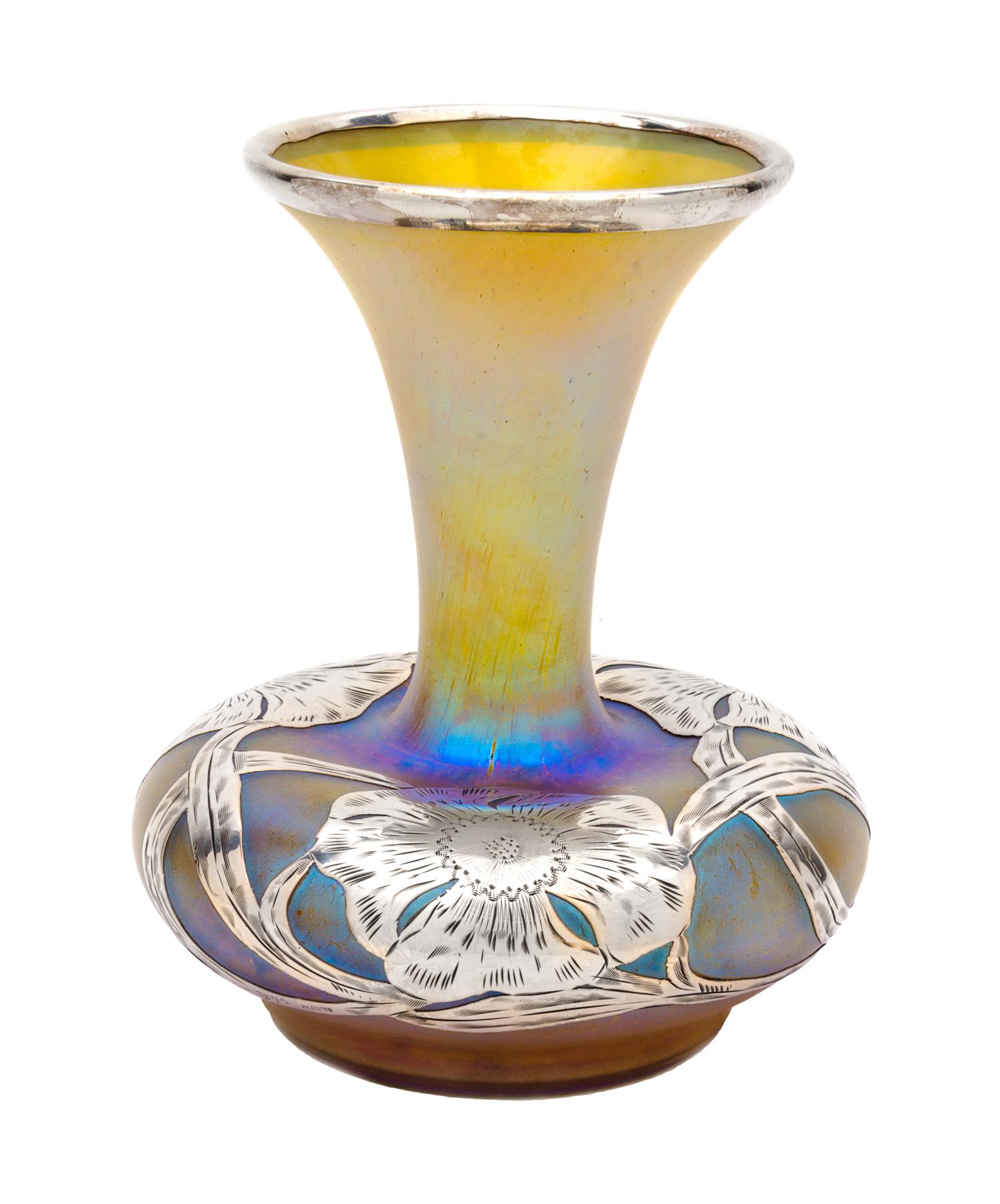 A Silver Overlay Iridescent Glass Vase Height 6 1/4 inches.