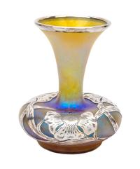 A Silver Overlay Iridescent Glass Vase Height 6 1/4 inches.
