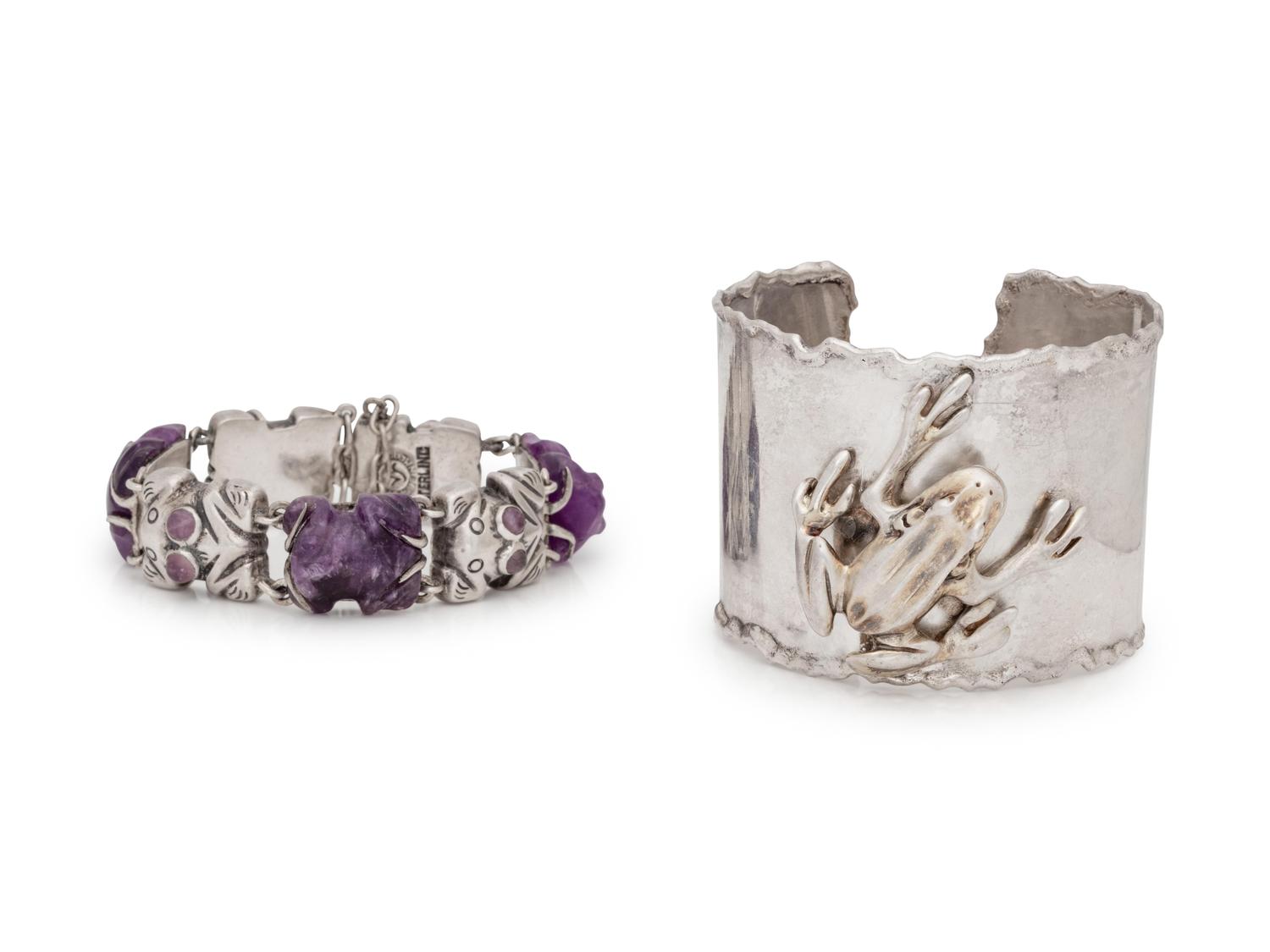 A Collection of Silver Frog Bracelets,