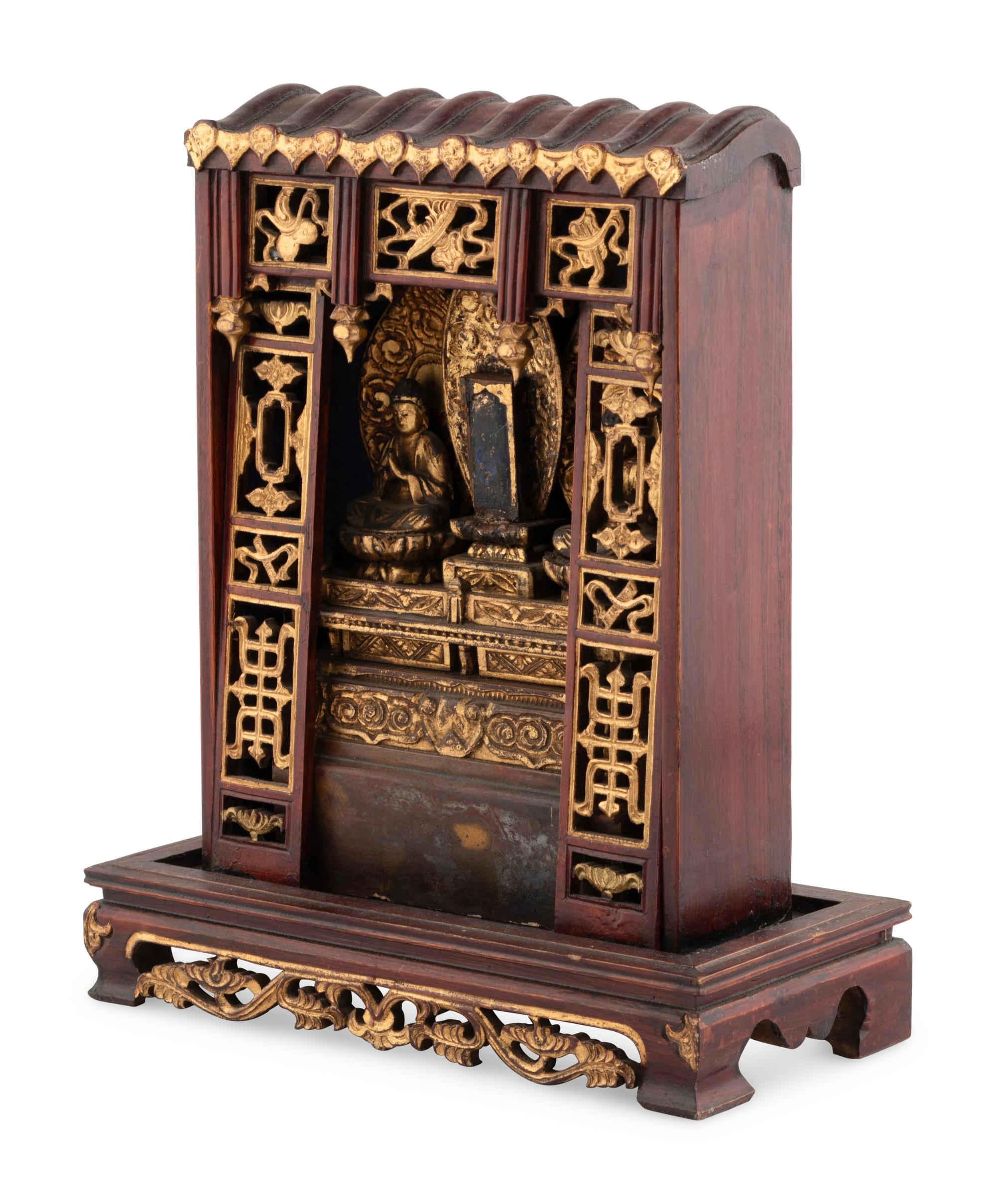 A Chinese Gilt and Red Lacquered Wood Shrine