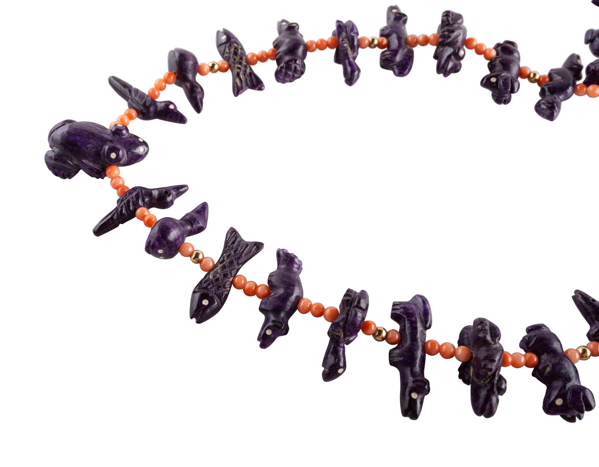 Single-strand Coral Necklace, with Sugilite Fetishes and Gold Findings