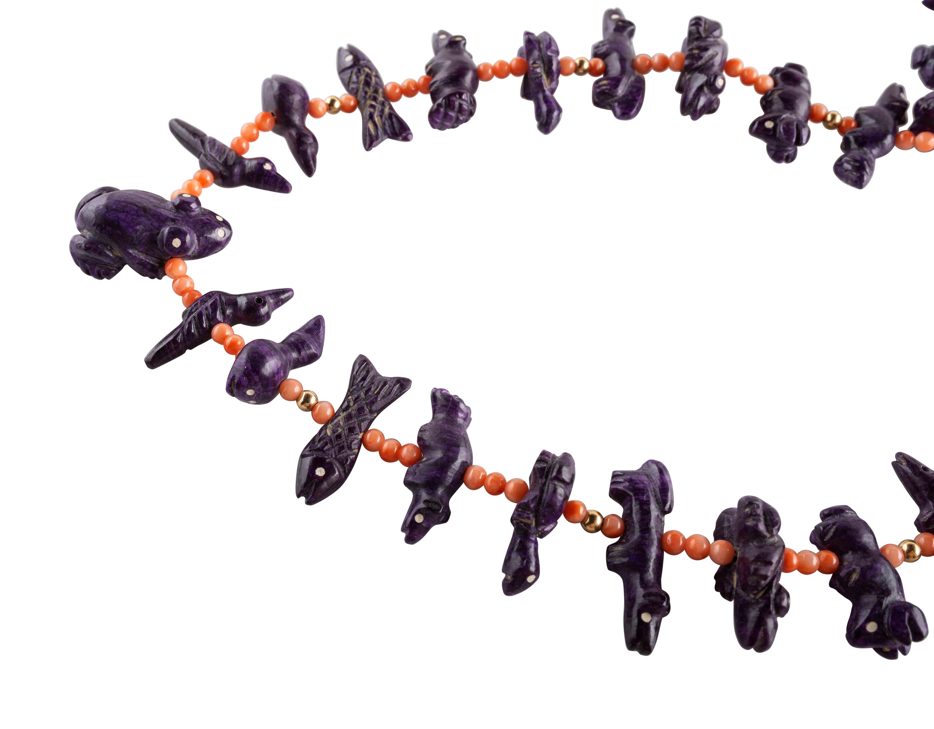 Single-strand Coral Necklace, with Sugilite Fetishes and Gold Findings