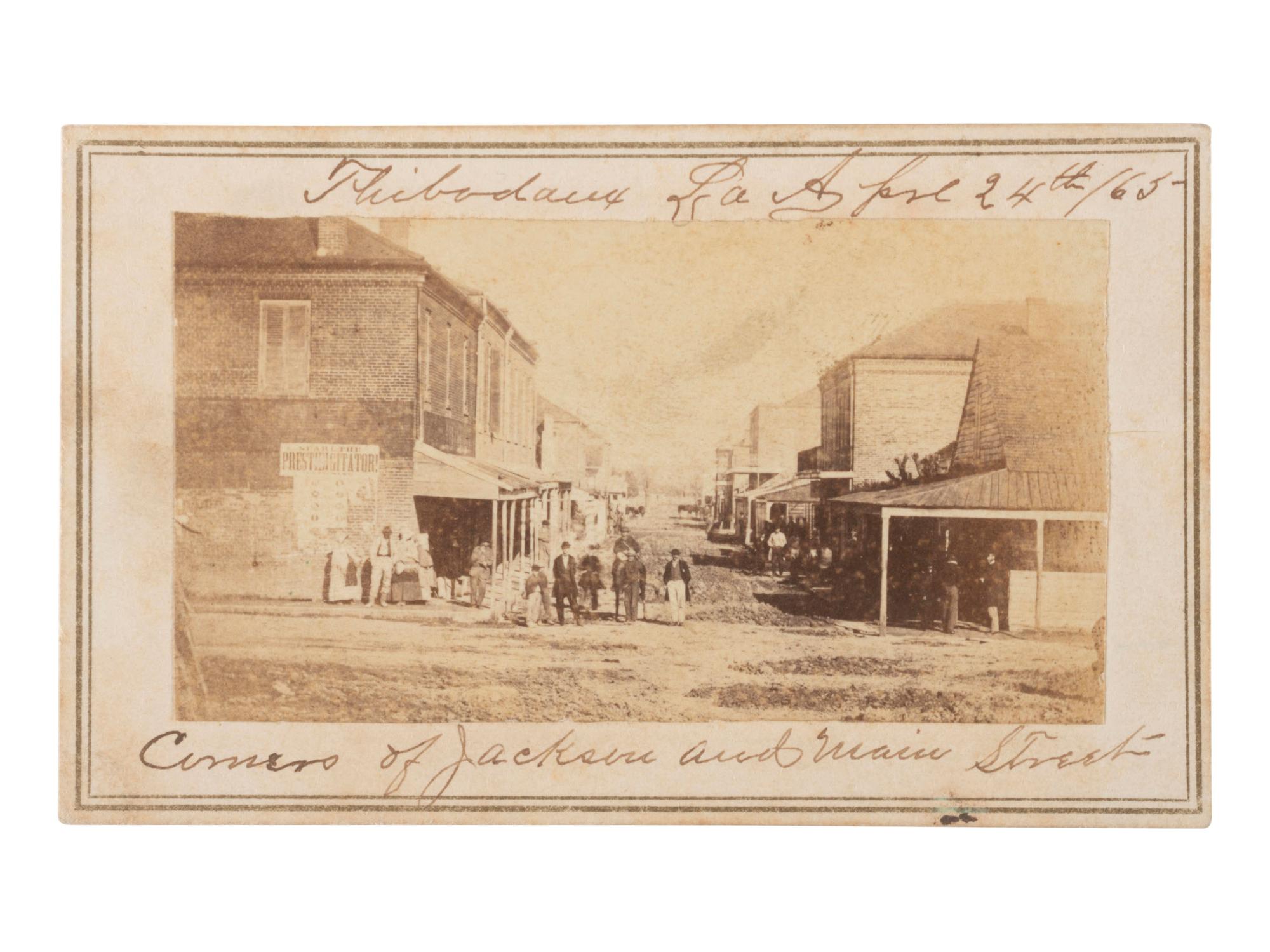 [CIVIL WAR]. CDV of Thibodaux, LA, street view inscribed by 16th Indiana Infantry Private John Roszell. 24 April 1865.