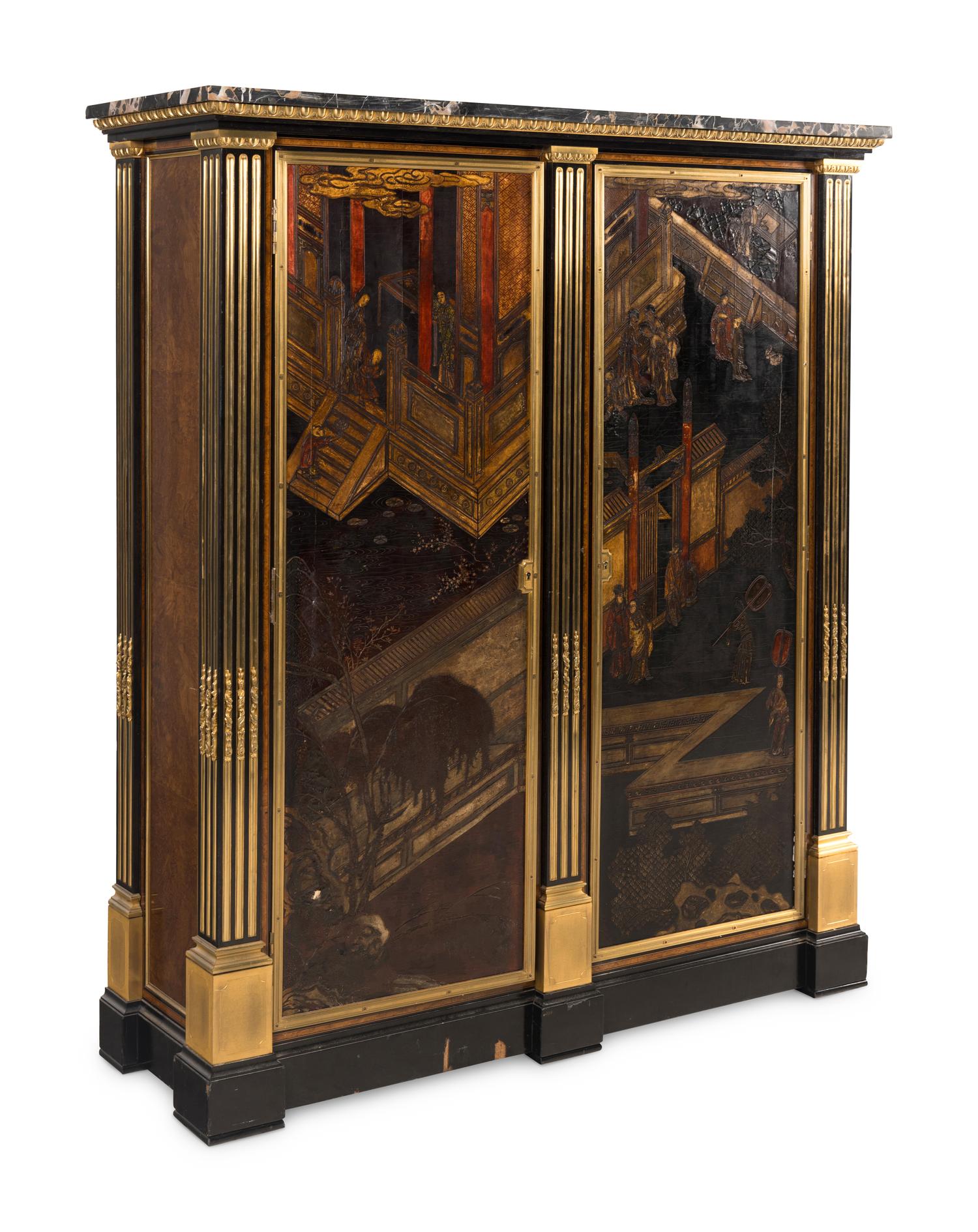 A Louis XVI Style Part Ebonized Amboyna, Chinese Lacquer and Gilt Bronze Mounted Cabinet