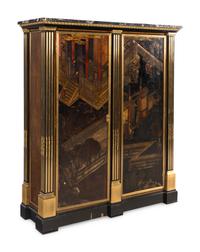 A Louis XVI Style Part Ebonized Amboyna, Chinese Lacquer and Gilt Bronze Mounted Cabinet