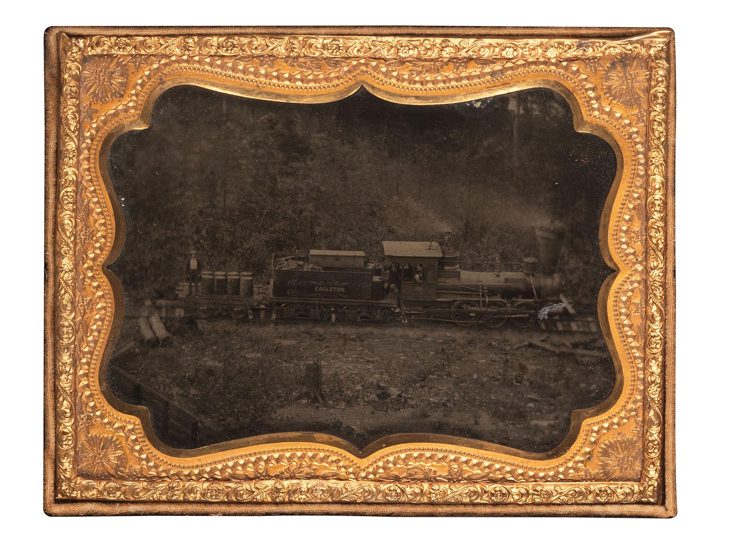 [EARLY PHOTOGRAPHY]. Quarter plate ambrotype of a train engine and tender marked "Eagleton," likely on its way to or from the Eagleton mine camp in Central Pennsylvania.