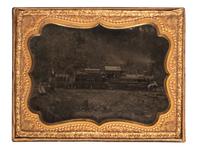 [EARLY PHOTOGRAPHY]. Quarter plate ambrotype of a train engine and tender marked "Eagleton," likely on its way to or from the Eagleton mine camp in Central Pennsylvania.
