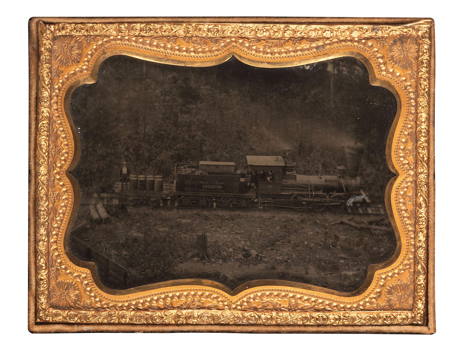 [EARLY PHOTOGRAPHY]. Quarter plate ambrotype of a train engine and tender marked "Eagleton," likely on its way to or from the Eagleton mine camp in Central Pennsylvania.