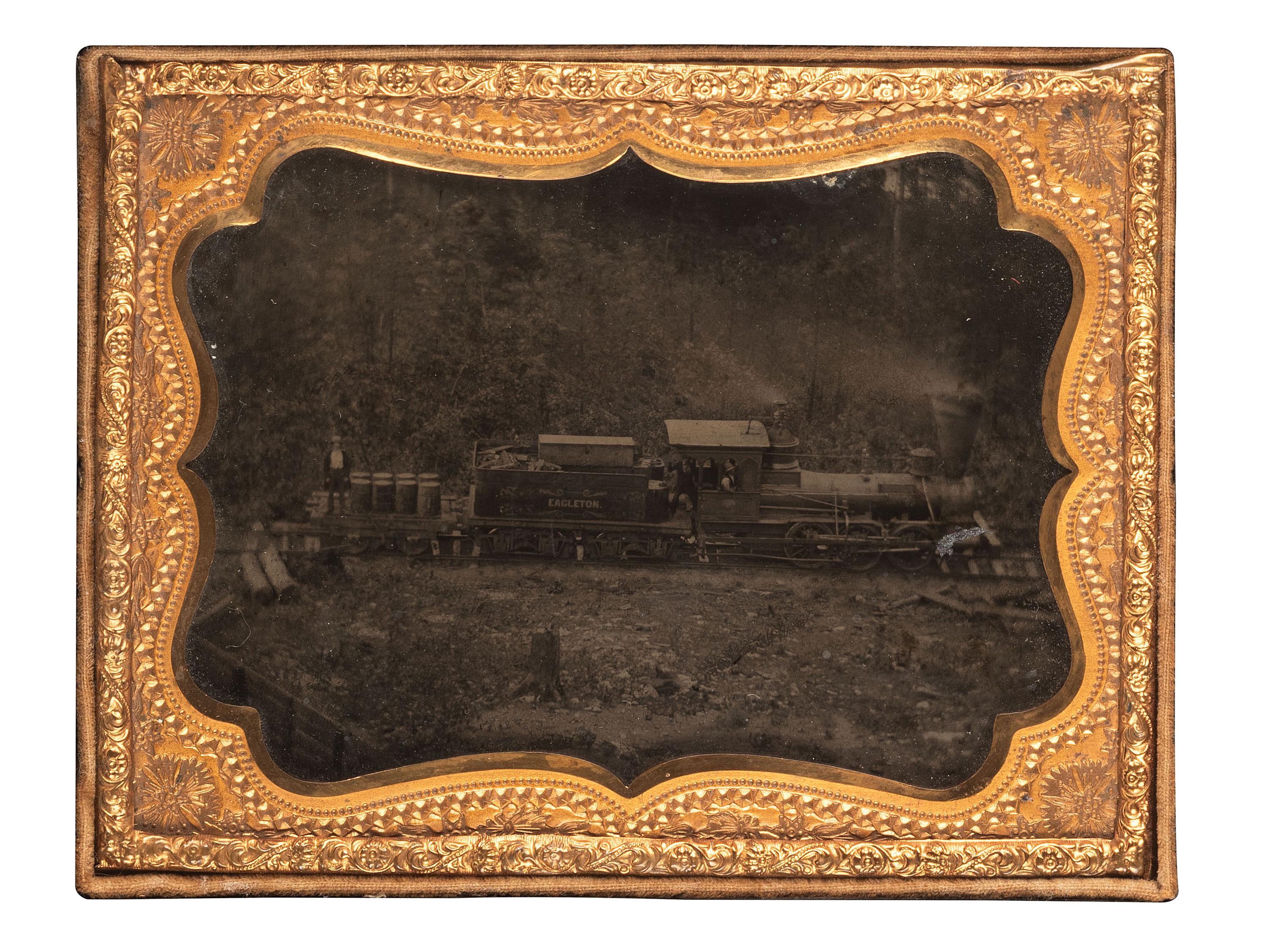 [EARLY PHOTOGRAPHY]. Quarter plate ambrotype of a train engine and tender marked "Eagleton," likely on its way to or from the Eagleton mine camp in Central Pennsylvania.